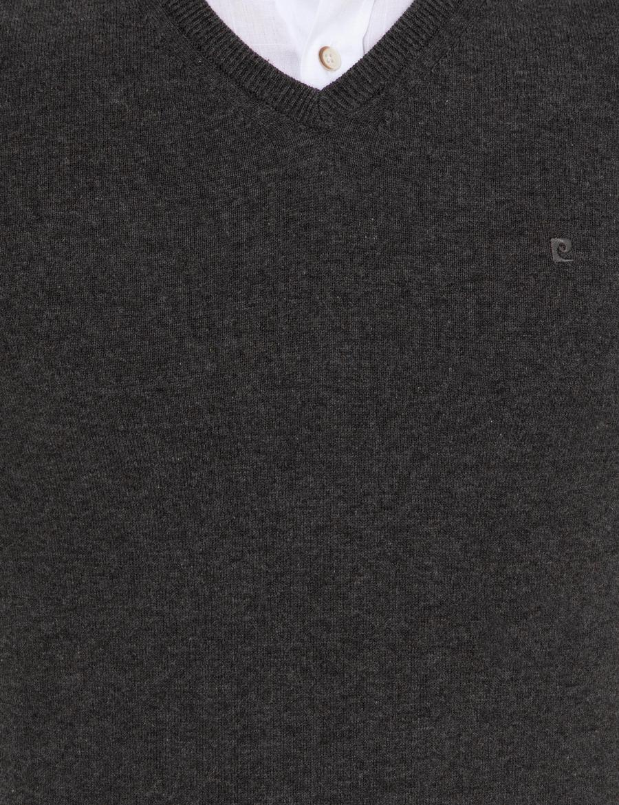 Gri Melanj Slim Fit V Yaka Basic Triko Kazak