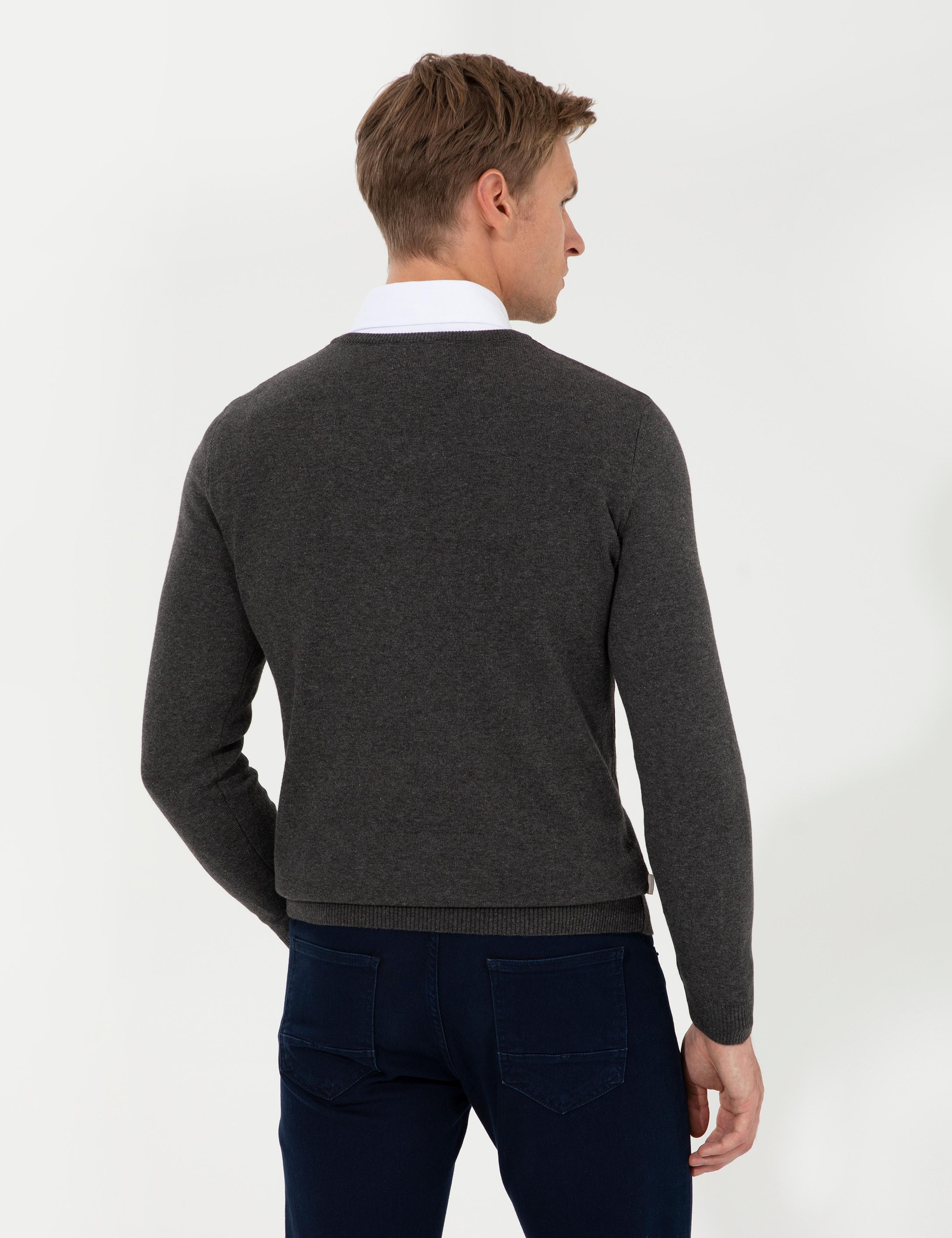 Gri Melanj Slim Fit V Yaka Basic Triko Kazak