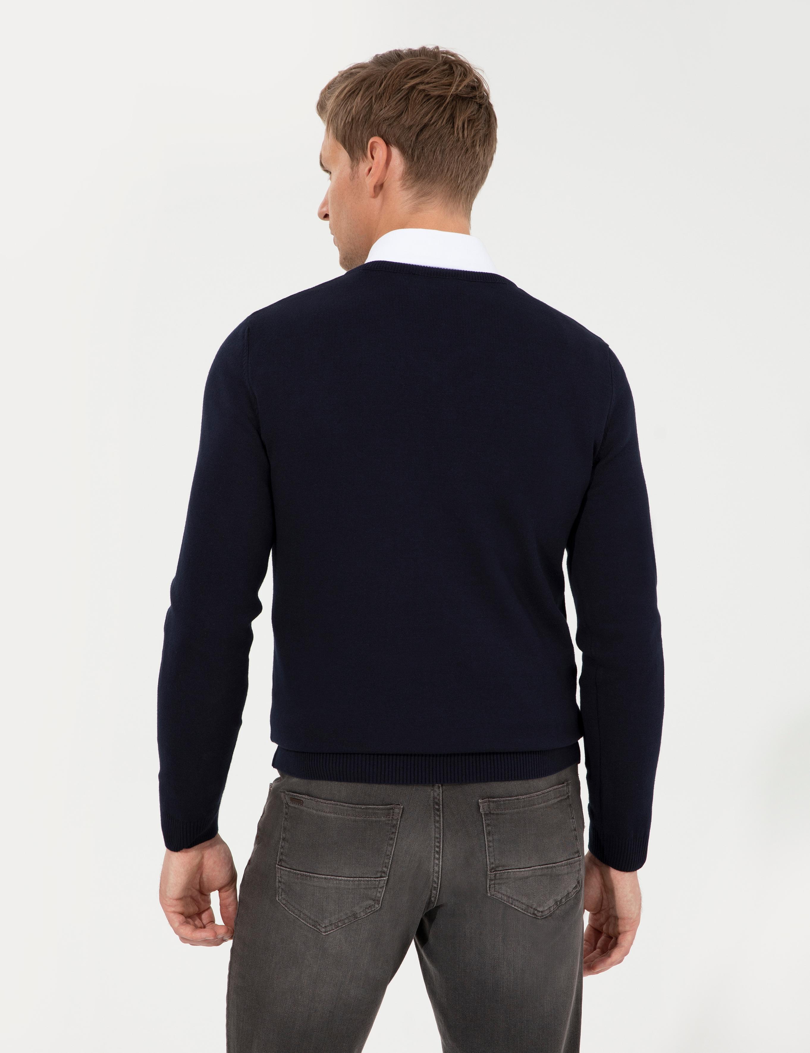 Lacivert Slim Fit V Yaka Basic Triko Kazak