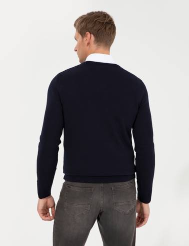 Lacivert Slim Fit V Yaka Basic Triko Kazak