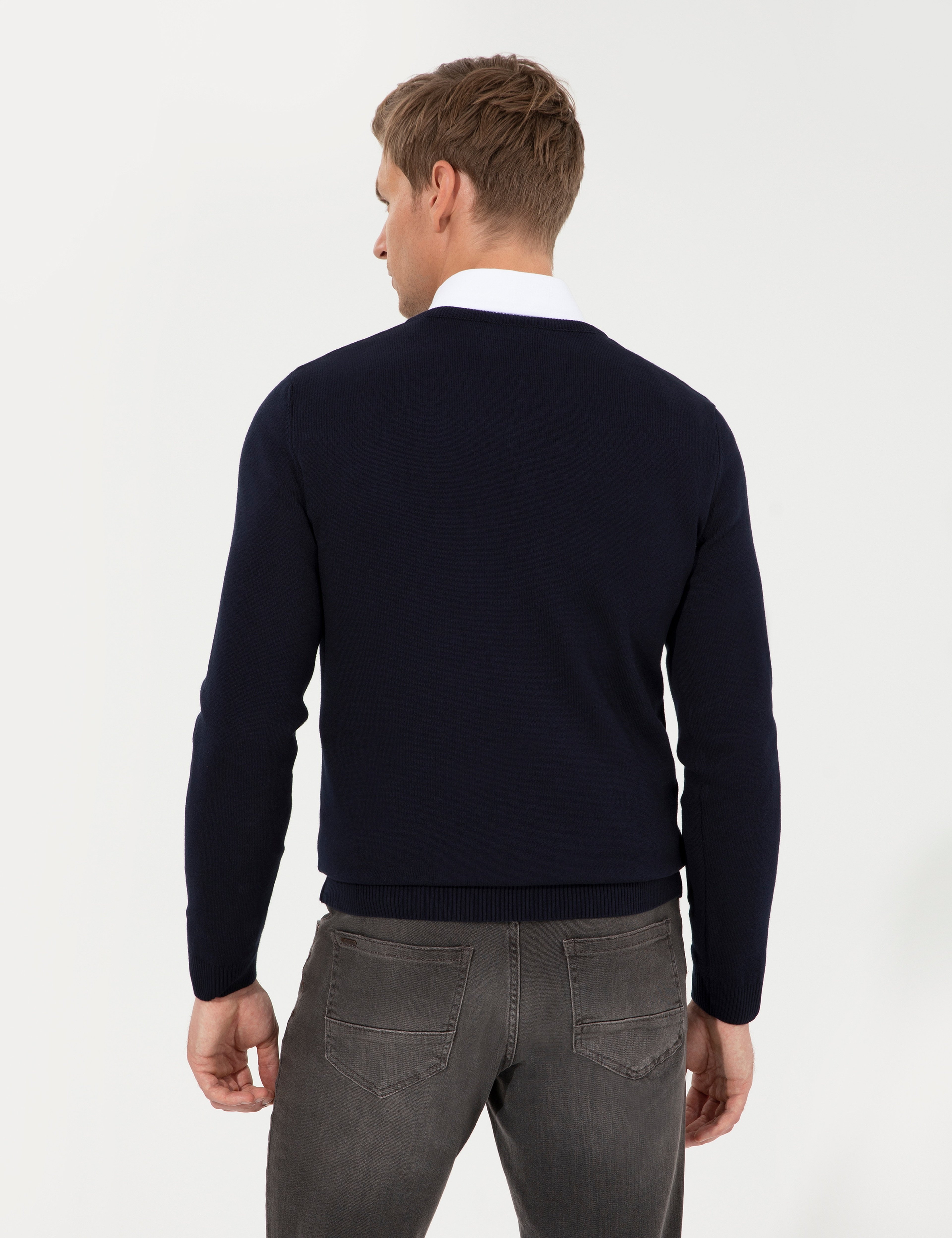 Lacivert Slim Fit V Yaka Basic Triko Kazak - Image 5