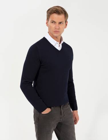 Lacivert Slim Fit V Yaka Basic Triko Kazak