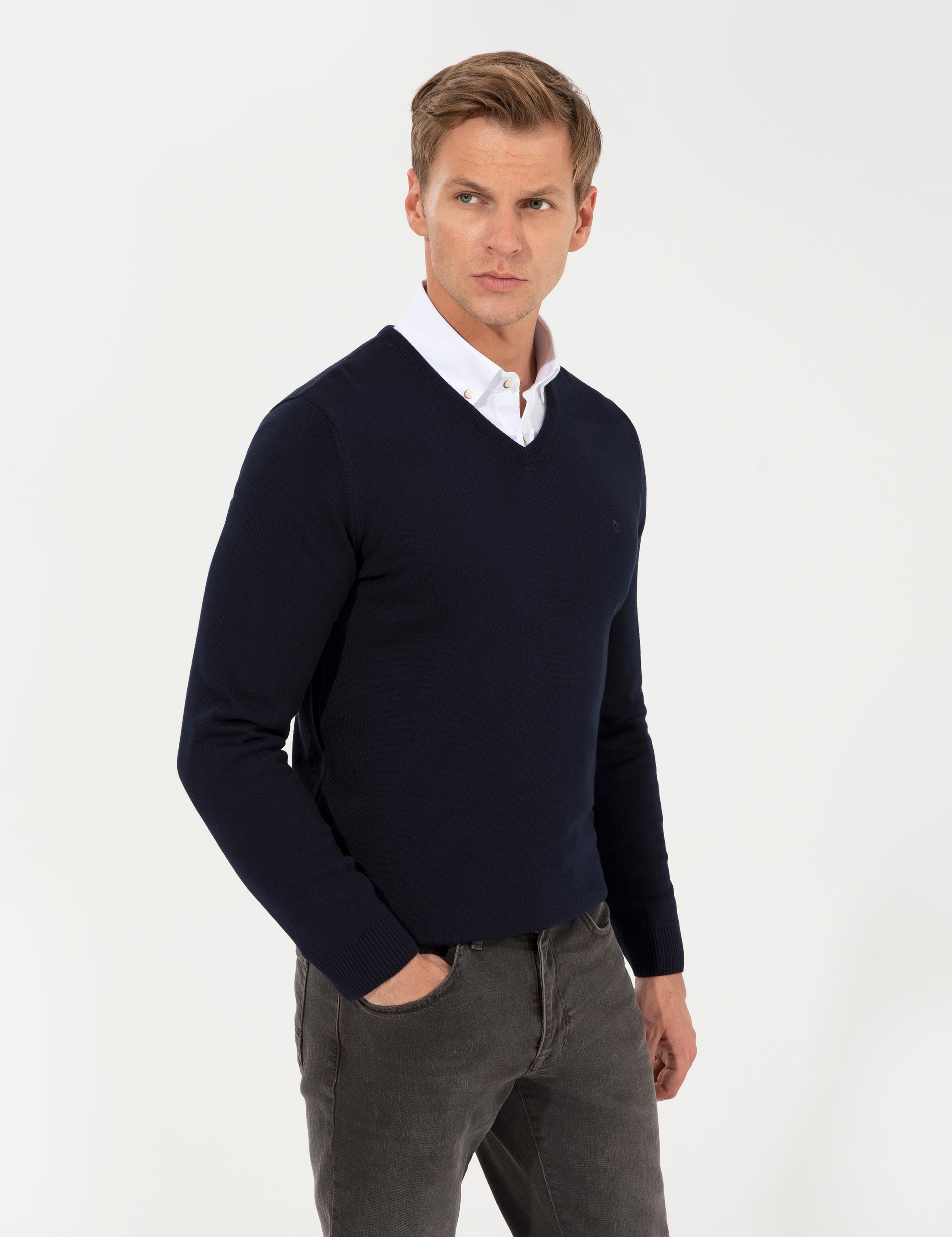 Lacivert Slim Fit V Yaka Basic Triko Kazak
