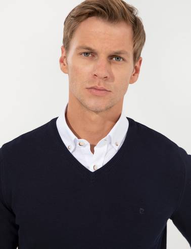 Lacivert Slim Fit V Yaka Basic Triko Kazak