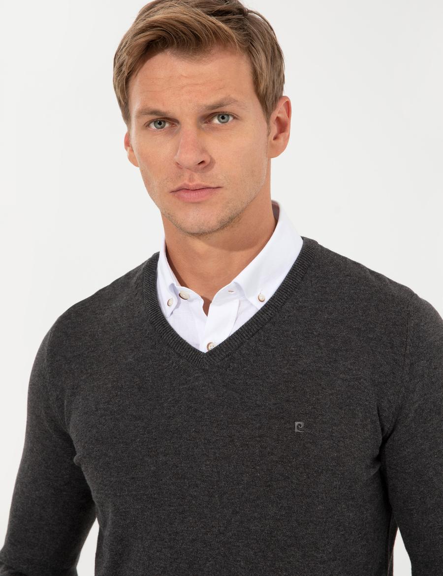 Gri Melanj Slim Fit V Yaka Basic Triko Kazak