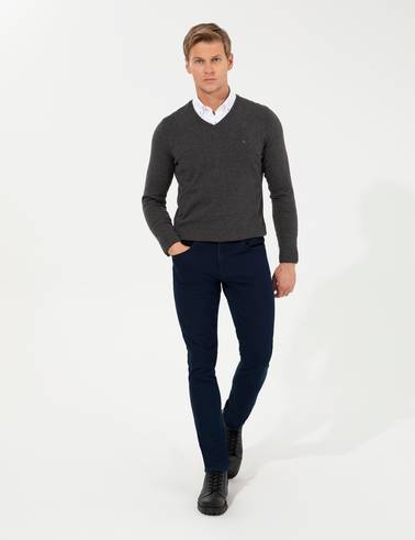 Gri Melanj Slim Fit V Yaka Basic Triko Kazak