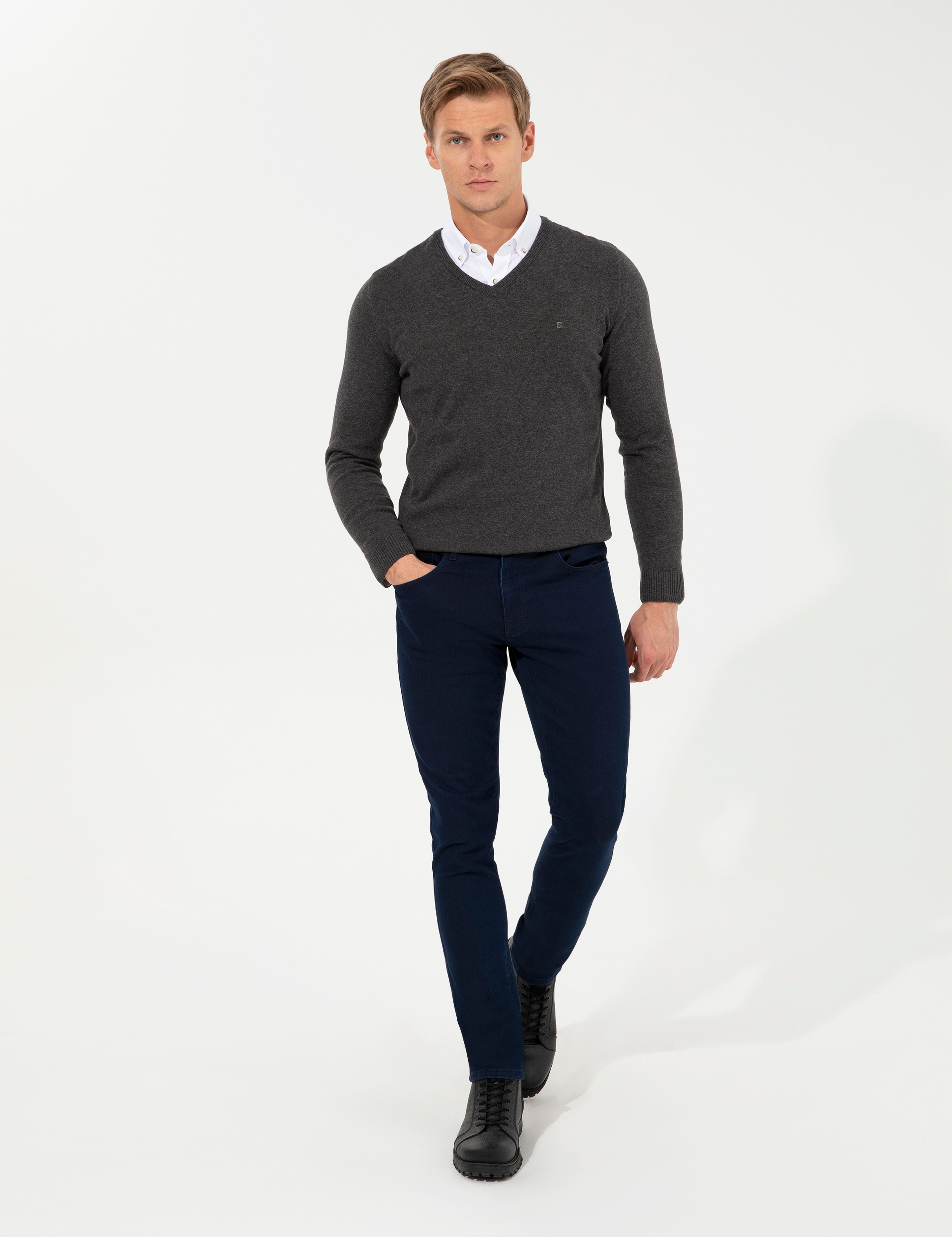 Gri Melanj Slim Fit V Yaka Basic Triko Kazak - Image 4
