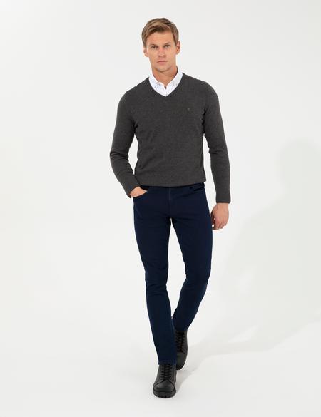 Gri Melanj Slim Fit V Yaka Basic Triko Kazak - 50257206002