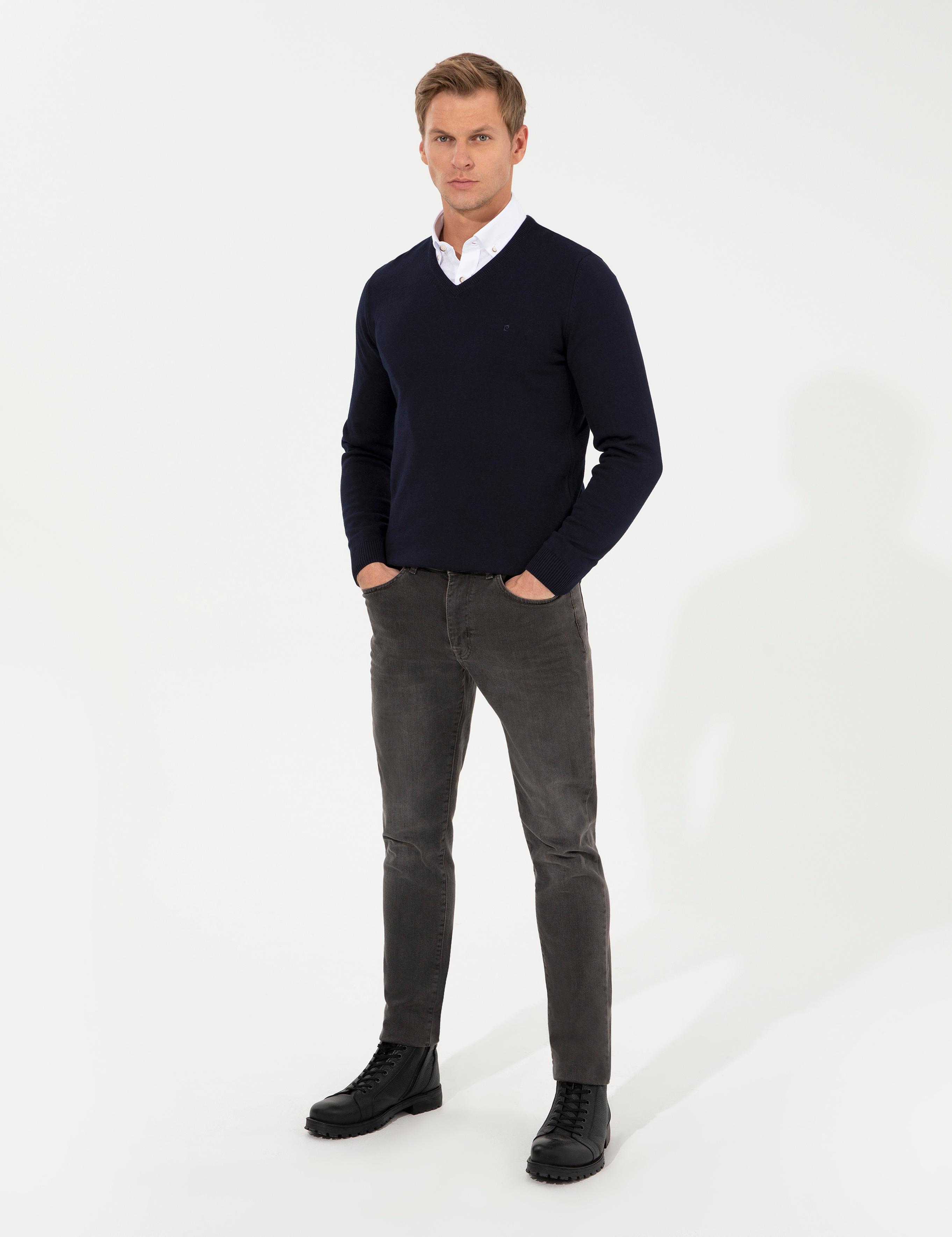 Lacivert Slim Fit V Yaka Basic Triko Kazak