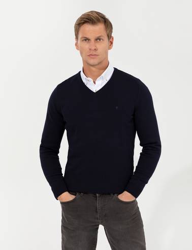 Lacivert Slim Fit V Yaka Basic Triko Kazak
