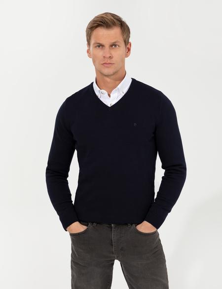 Lacivert Slim Fit V Yaka Basic Triko Kazak - 50257206022