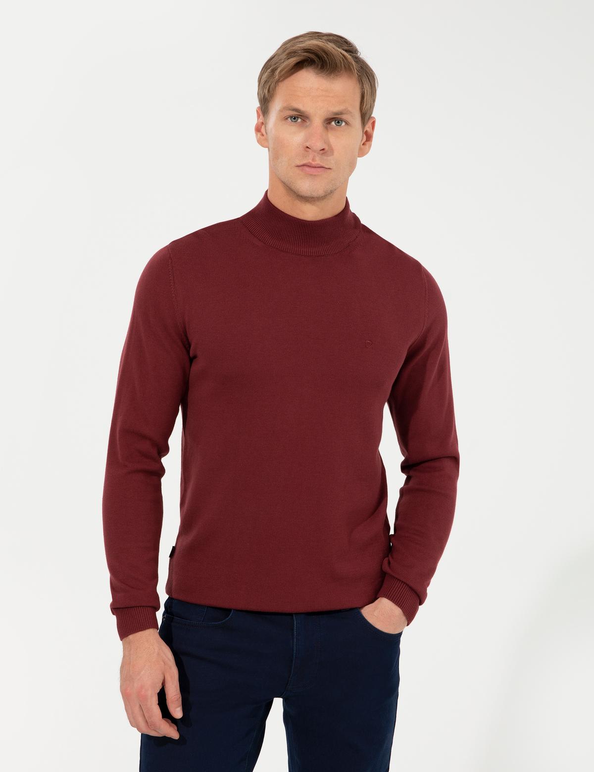 Bordo Slim Fit Yarım Balıkçı Yaka Basic Triko Kazak