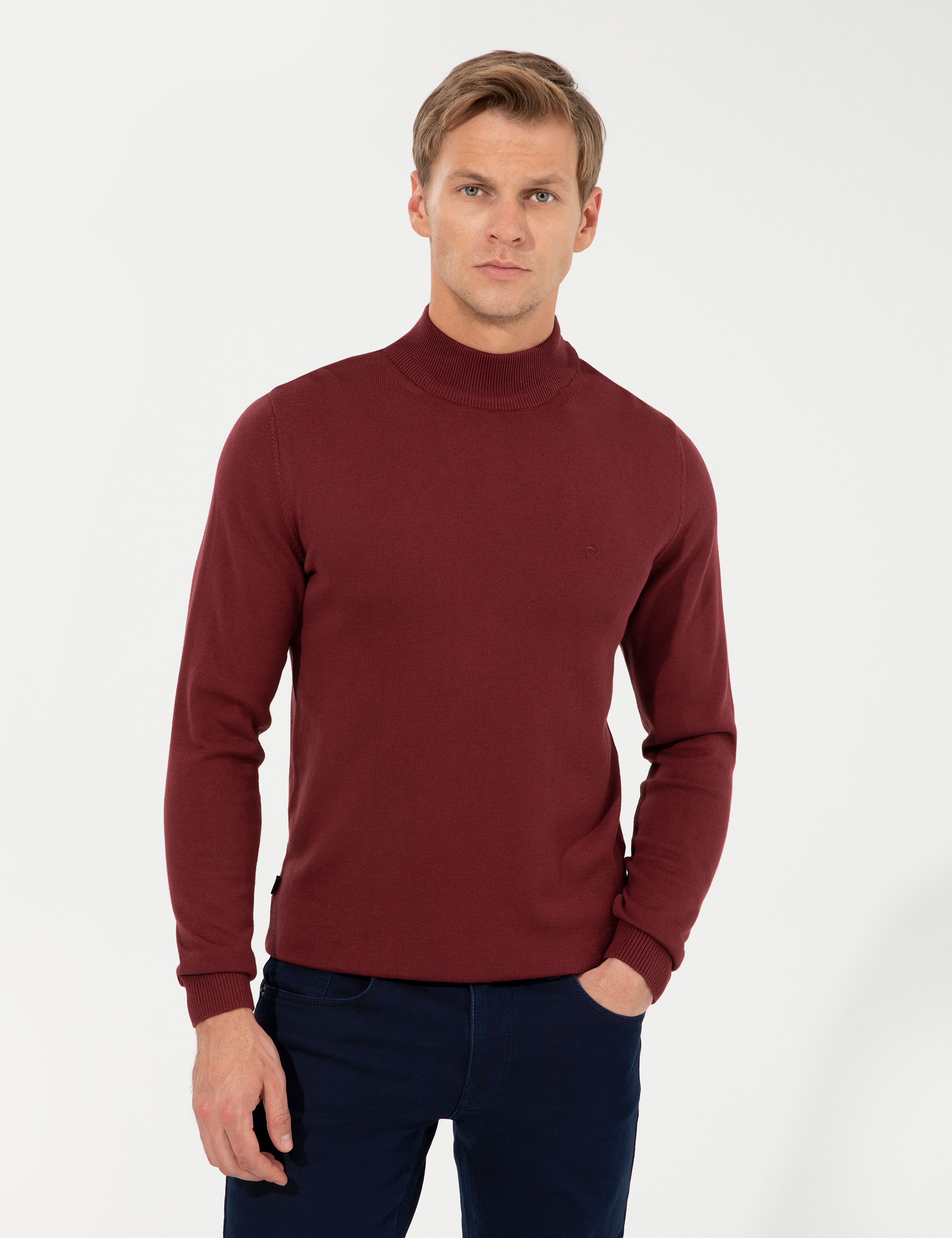 Bordo Slim Fit Yarım Balıkçı Yaka Basic Triko Kazak - Image 1