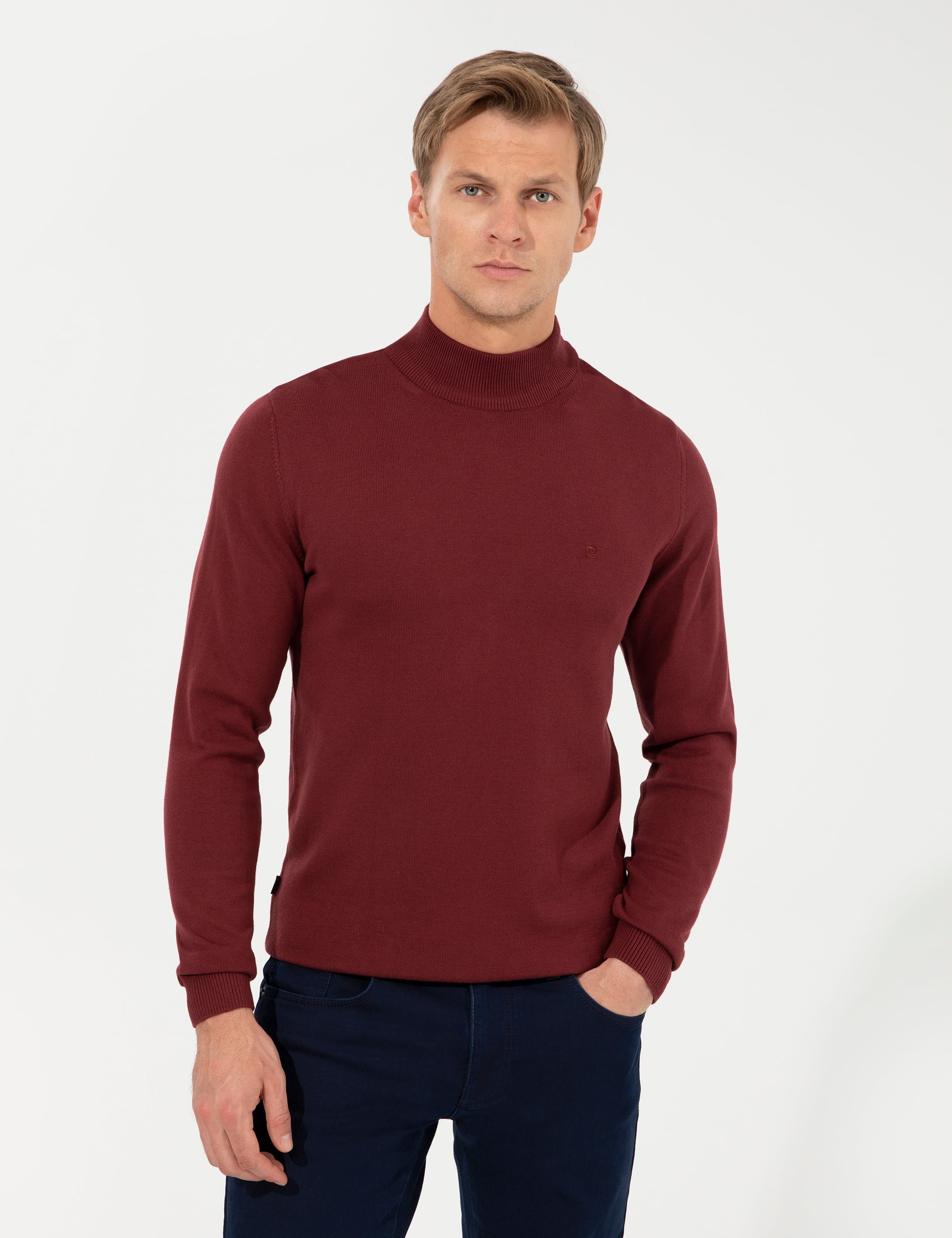 Bordo Slim Fit Yarım Balıkçı Yaka Basic Triko Kazak