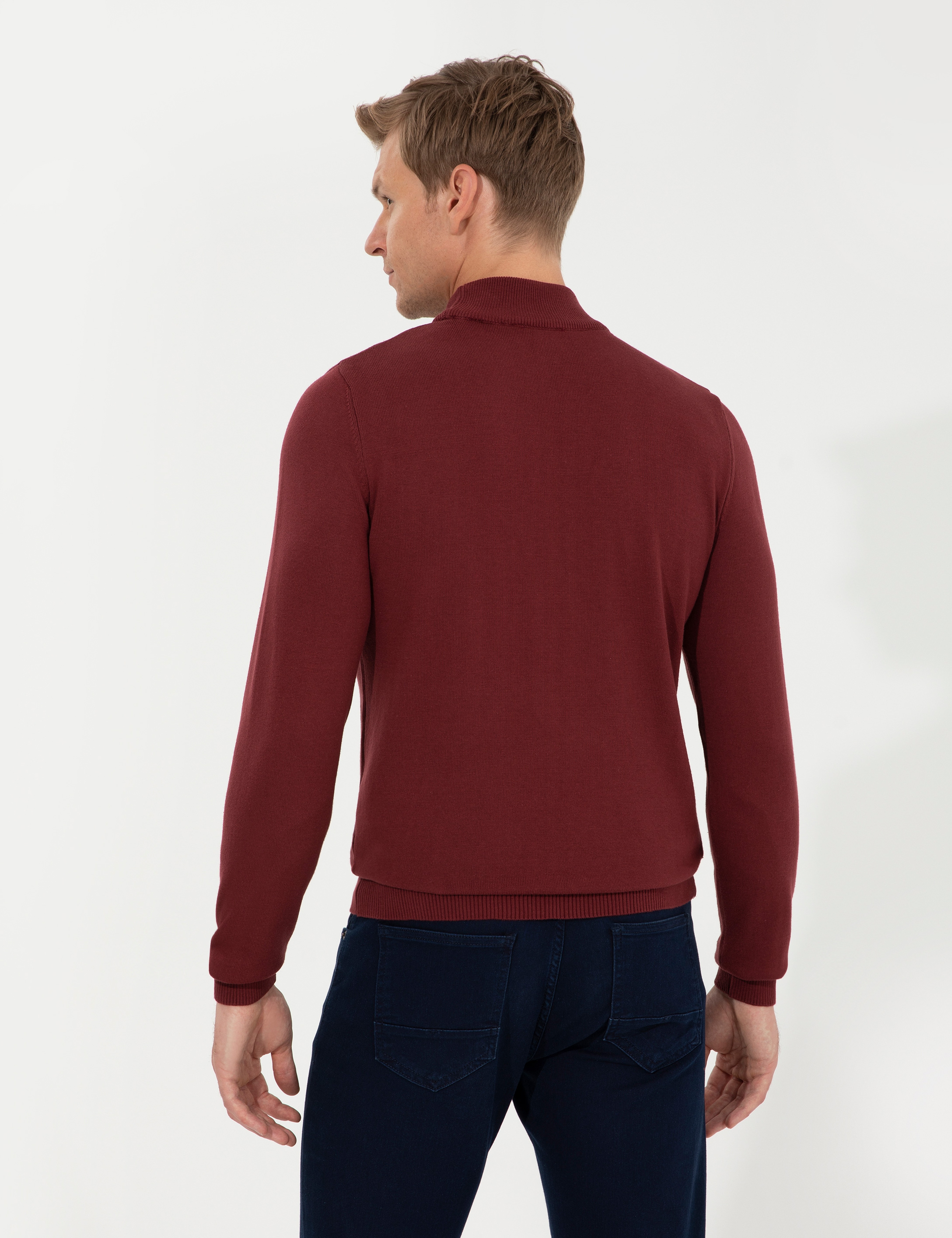 Bordo Slim Fit Yarım Balıkçı Yaka Basic Triko Kazak - Image 5