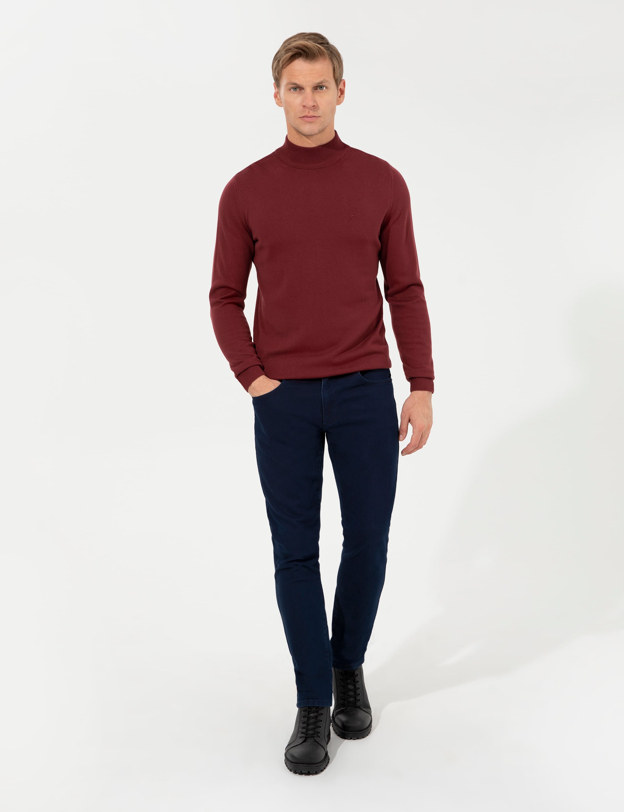 Bordo Slim Fit Yarım Balıkçı Yaka Basic Triko Kazak