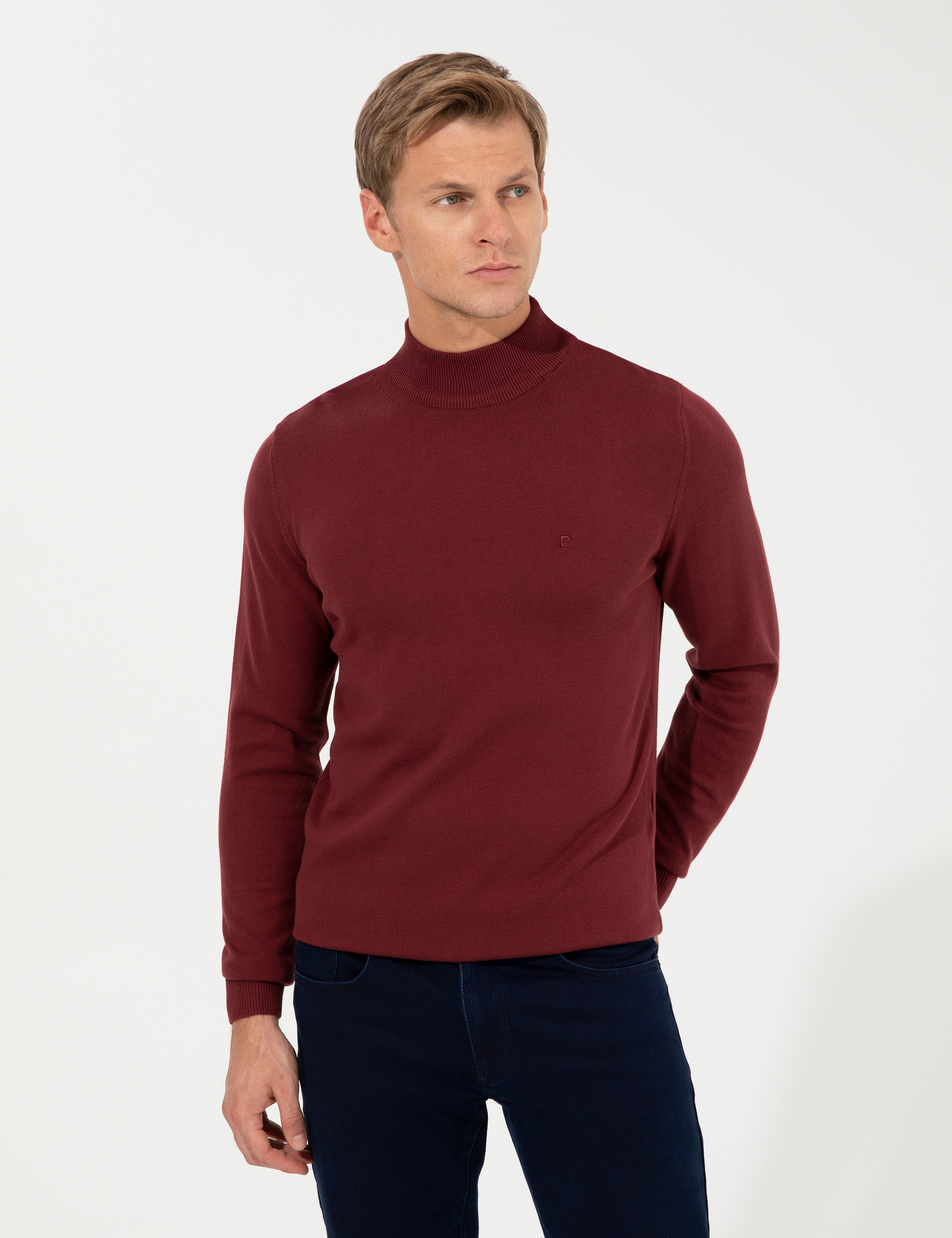 Bordo Slim Fit Yarım Balıkçı Yaka Basic Triko Kazak - Image 3