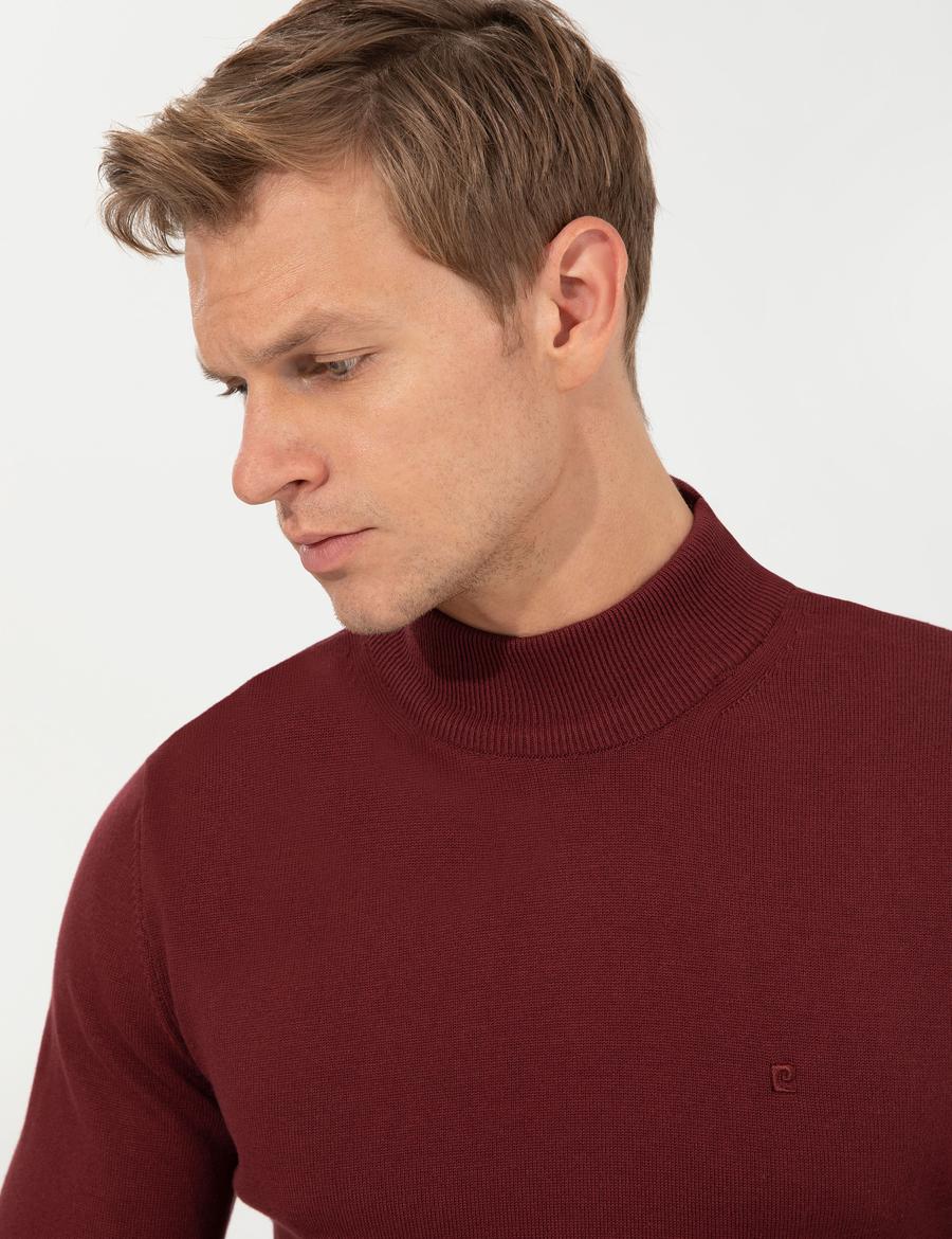 Bordo Slim Fit Yarım Balıkçı Yaka Basic Triko Kazak