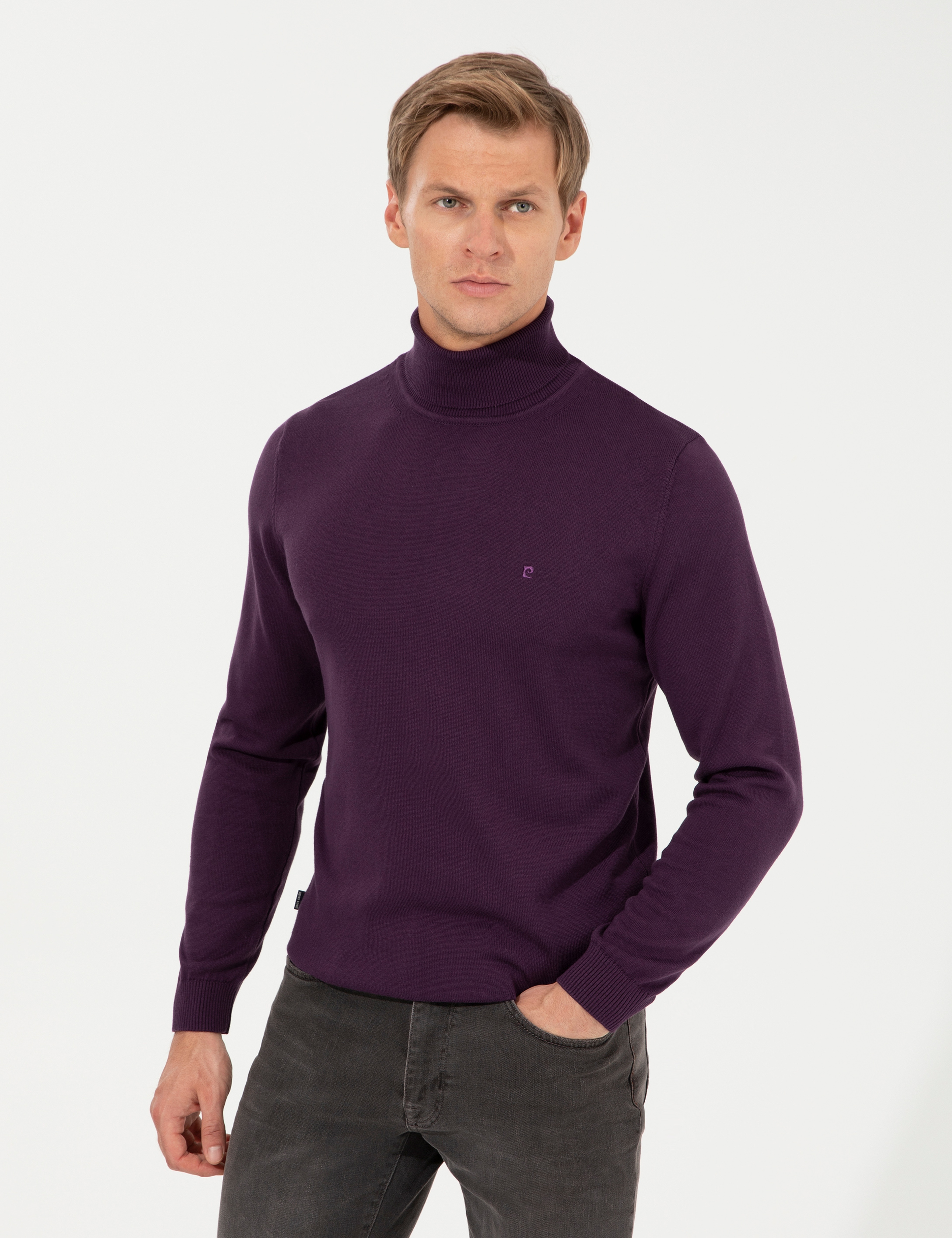 Mor Slim Fit Balıkçı Yaka Basic Triko Kazak - Image 3