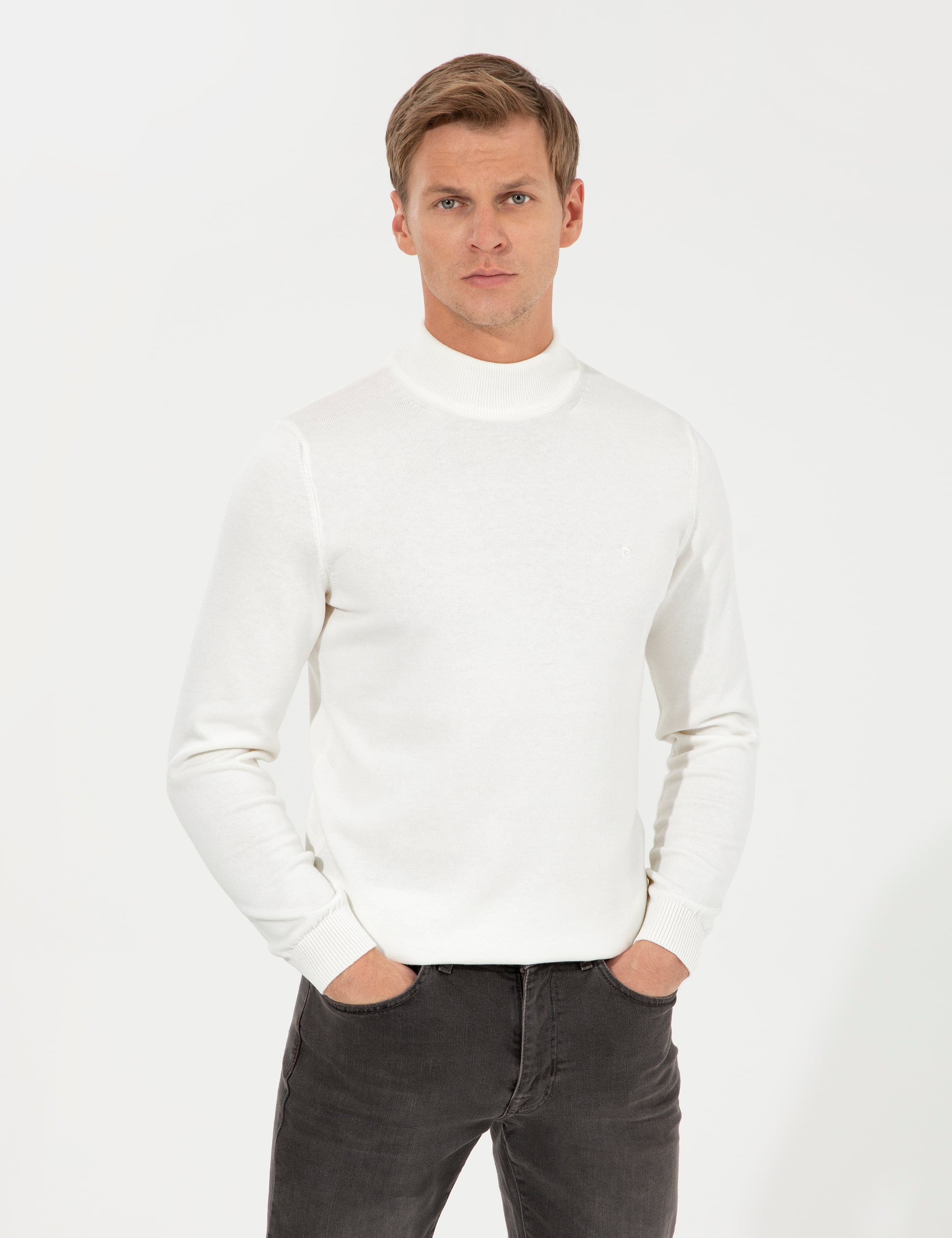 Pierre Cardin Ekru Slim Fit Yarım Balıkçı Yaka Basic Triko Kazak görsel 3