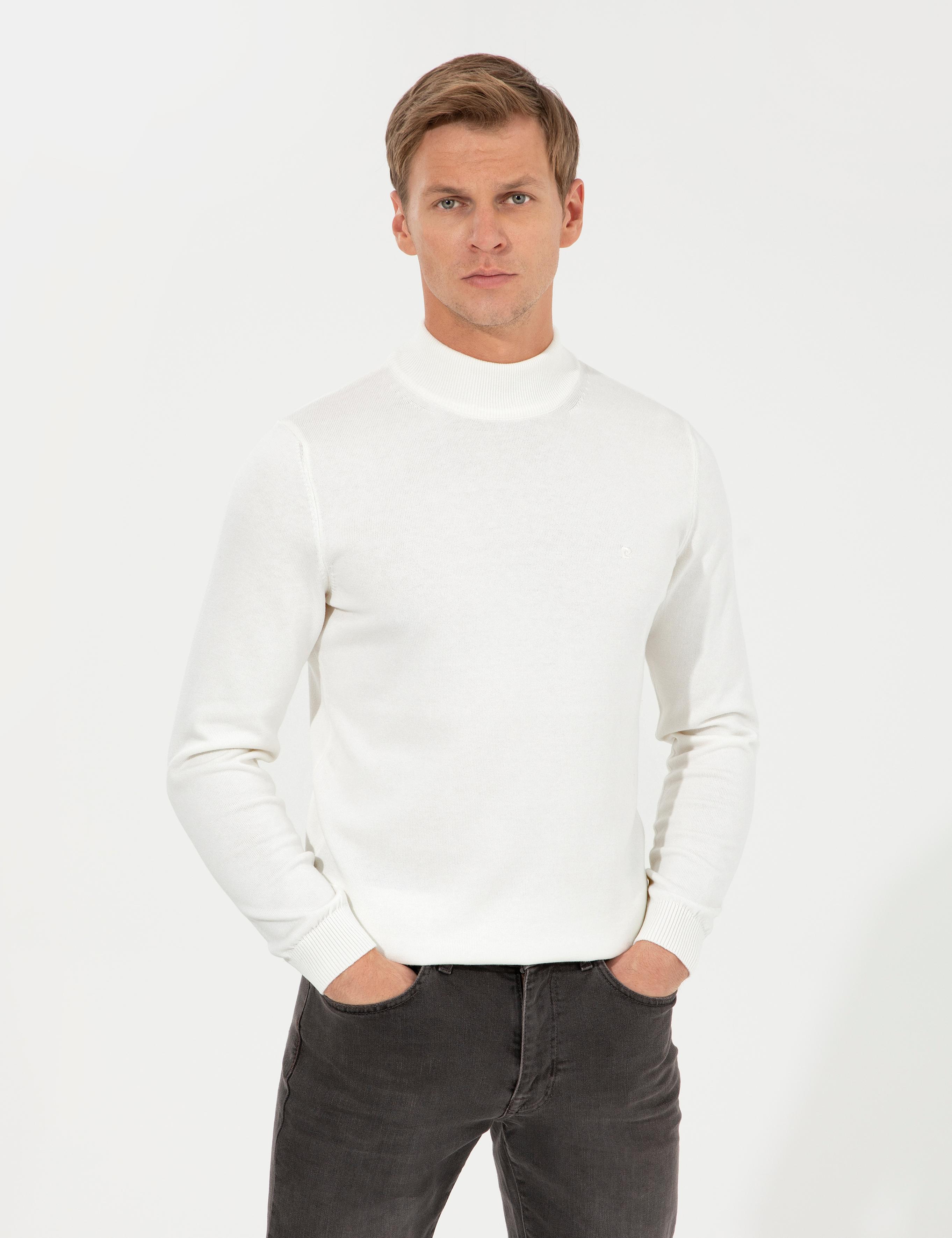 Ekru Slim Fit Yarım Balıkçı Yaka Basic Triko Kazak