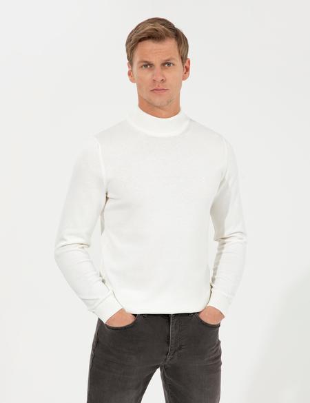 Ekru Slim Fit Yarım Balıkçı Yaka Basic Triko Kazak - 50256965019