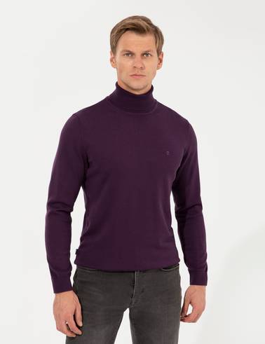 Mor Slim Fit Balıkçı Yaka Basic Triko Kazak