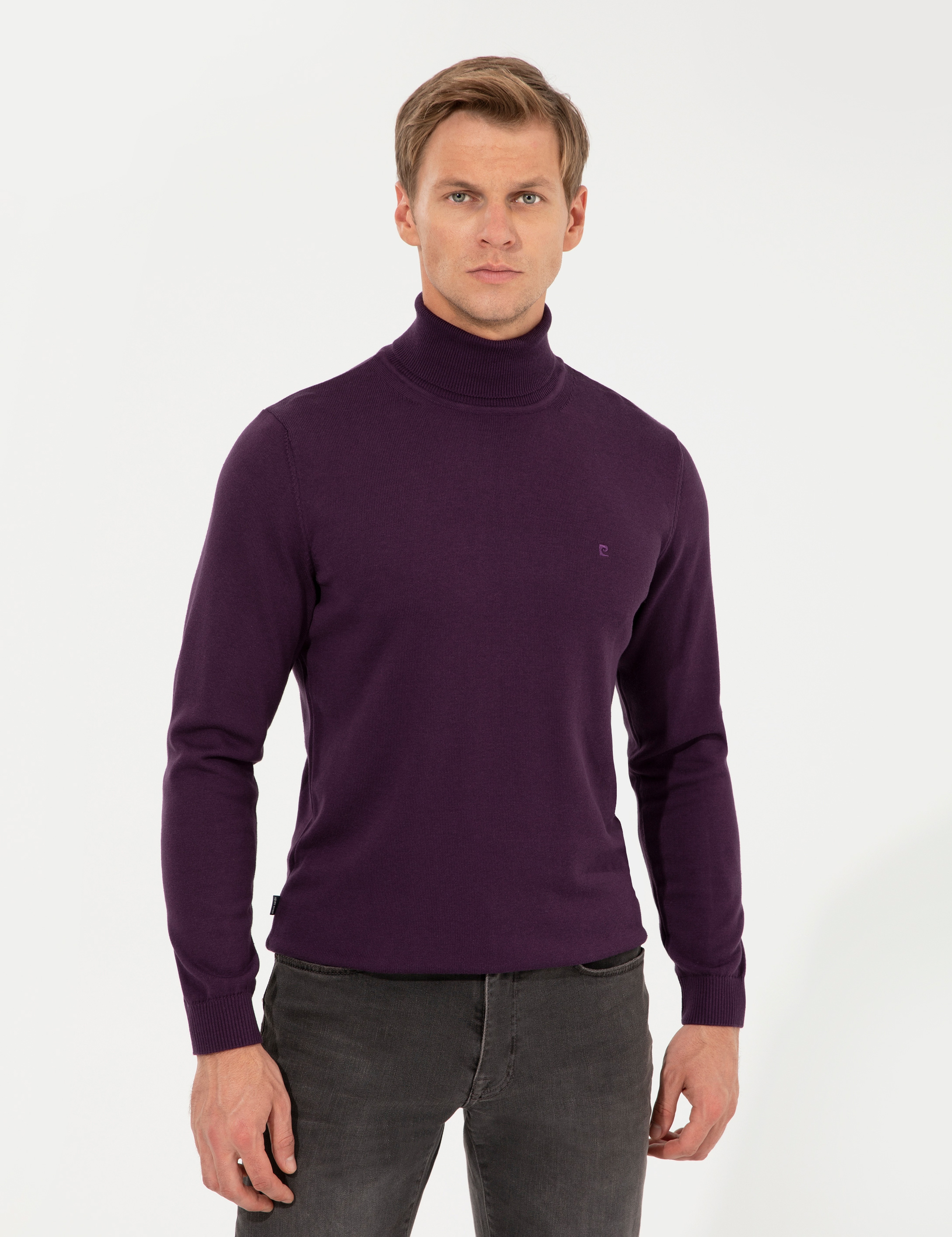 Mor Slim Fit Balıkçı Yaka Basic Triko Kazak - Image 1
