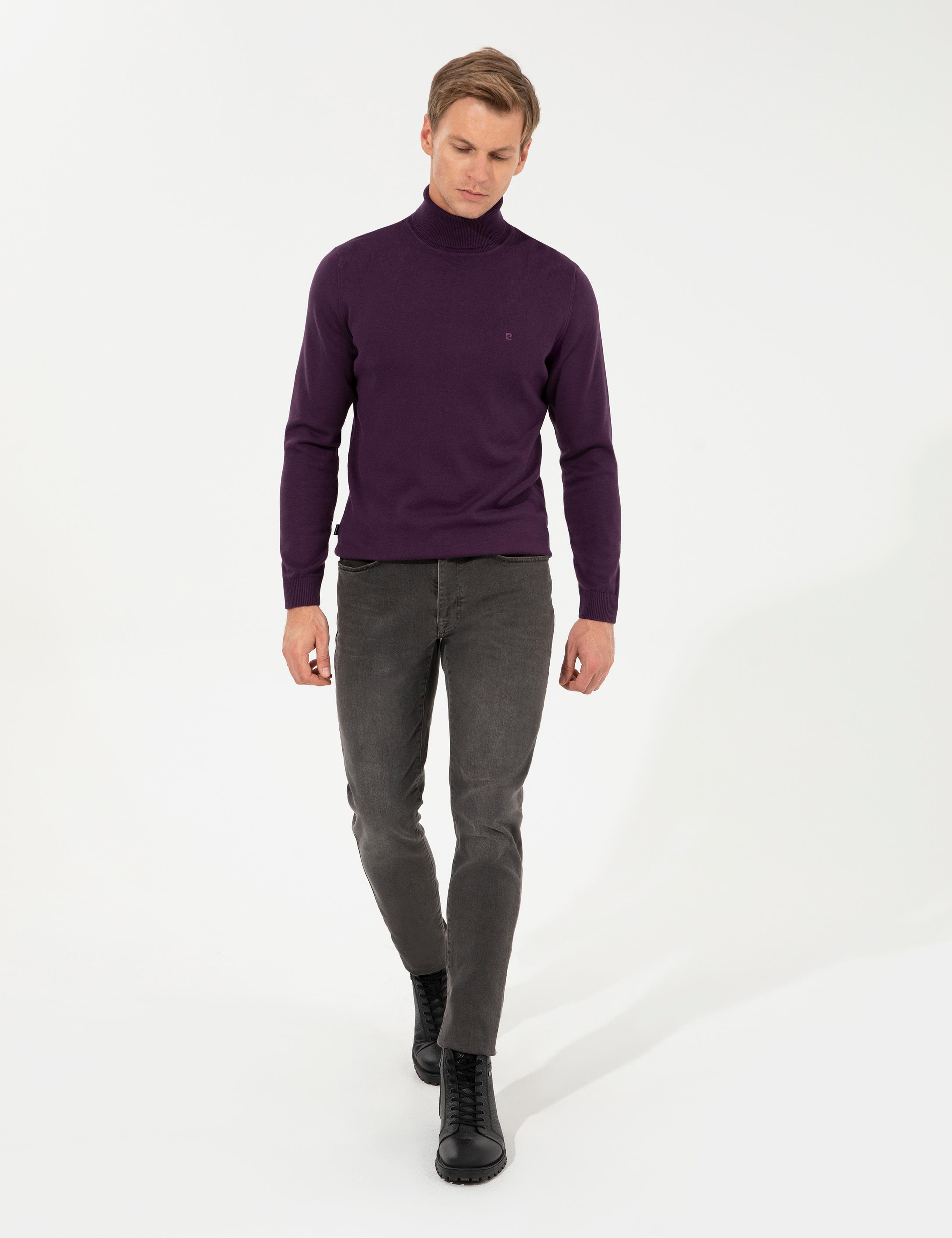 Mor Slim Fit Balıkçı Yaka Basic Triko Kazak