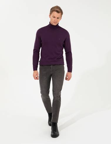 Mor Slim Fit Balıkçı Yaka Basic Triko Kazak