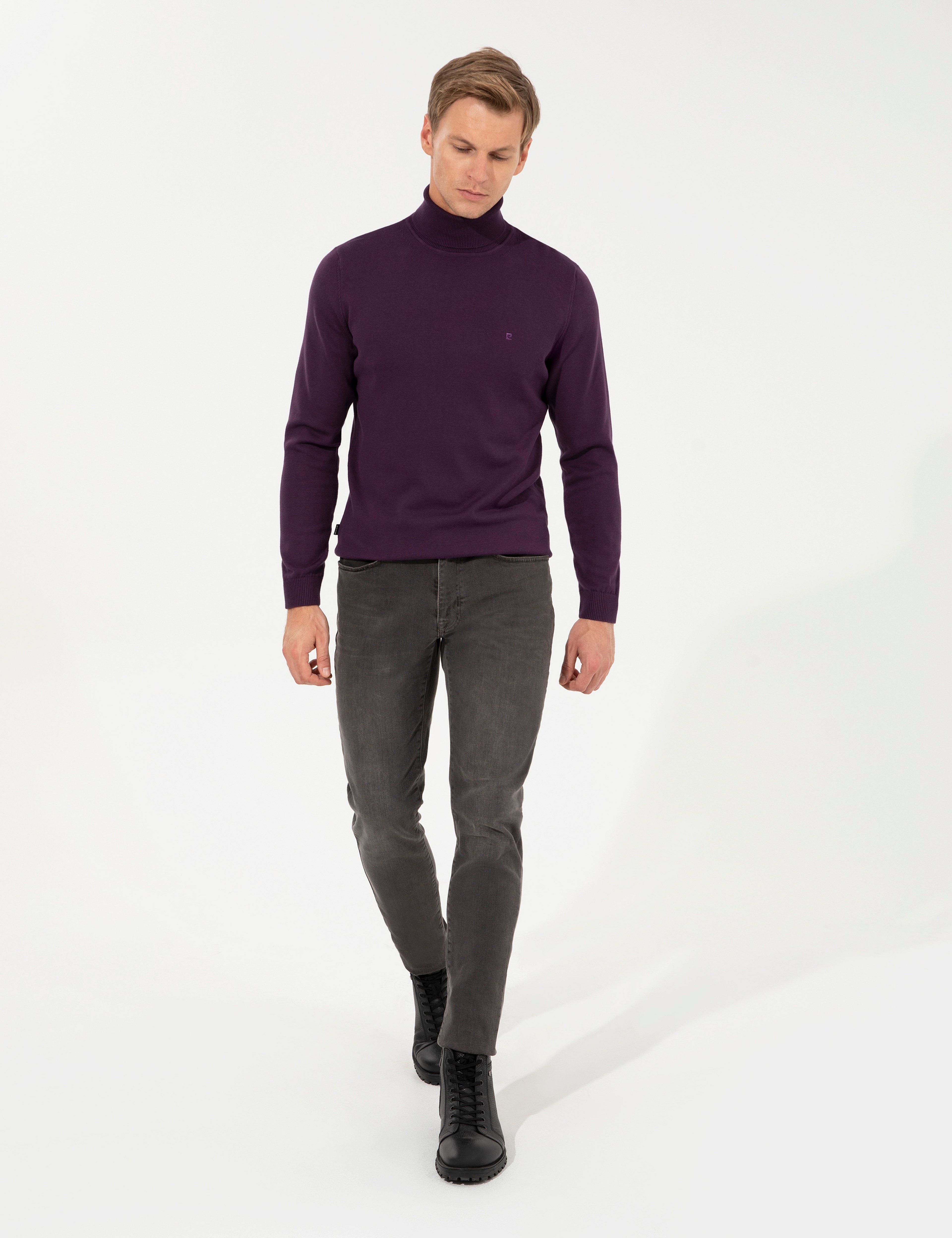 Mor Slim Fit Balıkçı Yaka Basic Triko Kazak