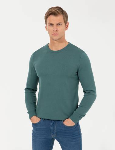 Yeşil Slim Fit Bisiklet Yaka Basic Triko Kazak