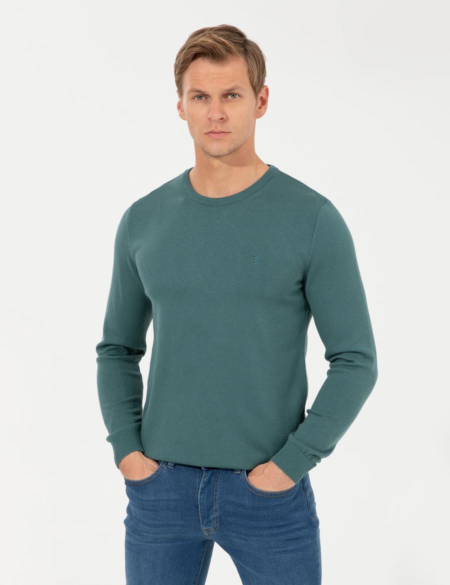 Yeşil Slim Fit Bisiklet Yaka Basic Triko Kazak