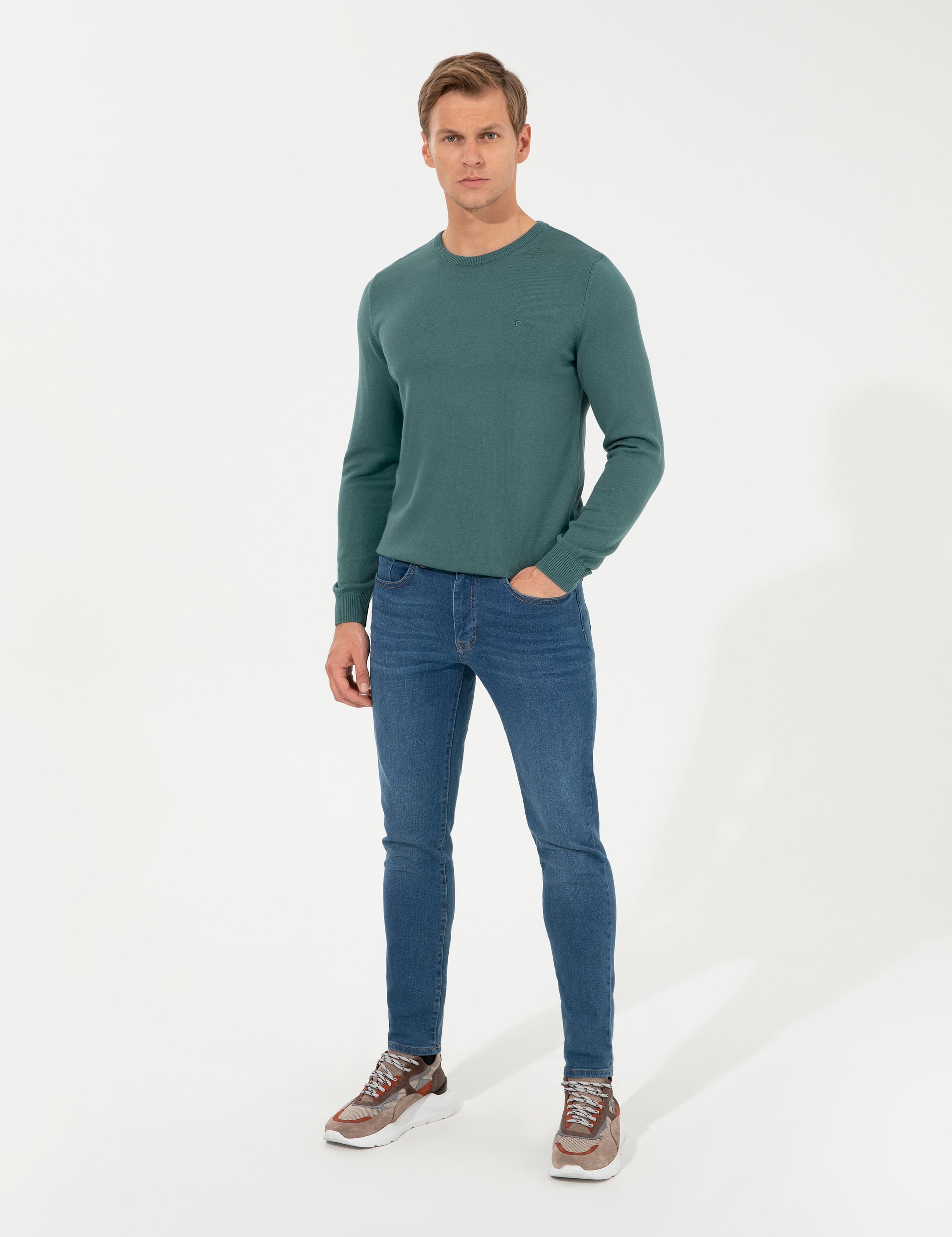 Yeşil Slim Fit Bisiklet Yaka Basic Triko Kazak