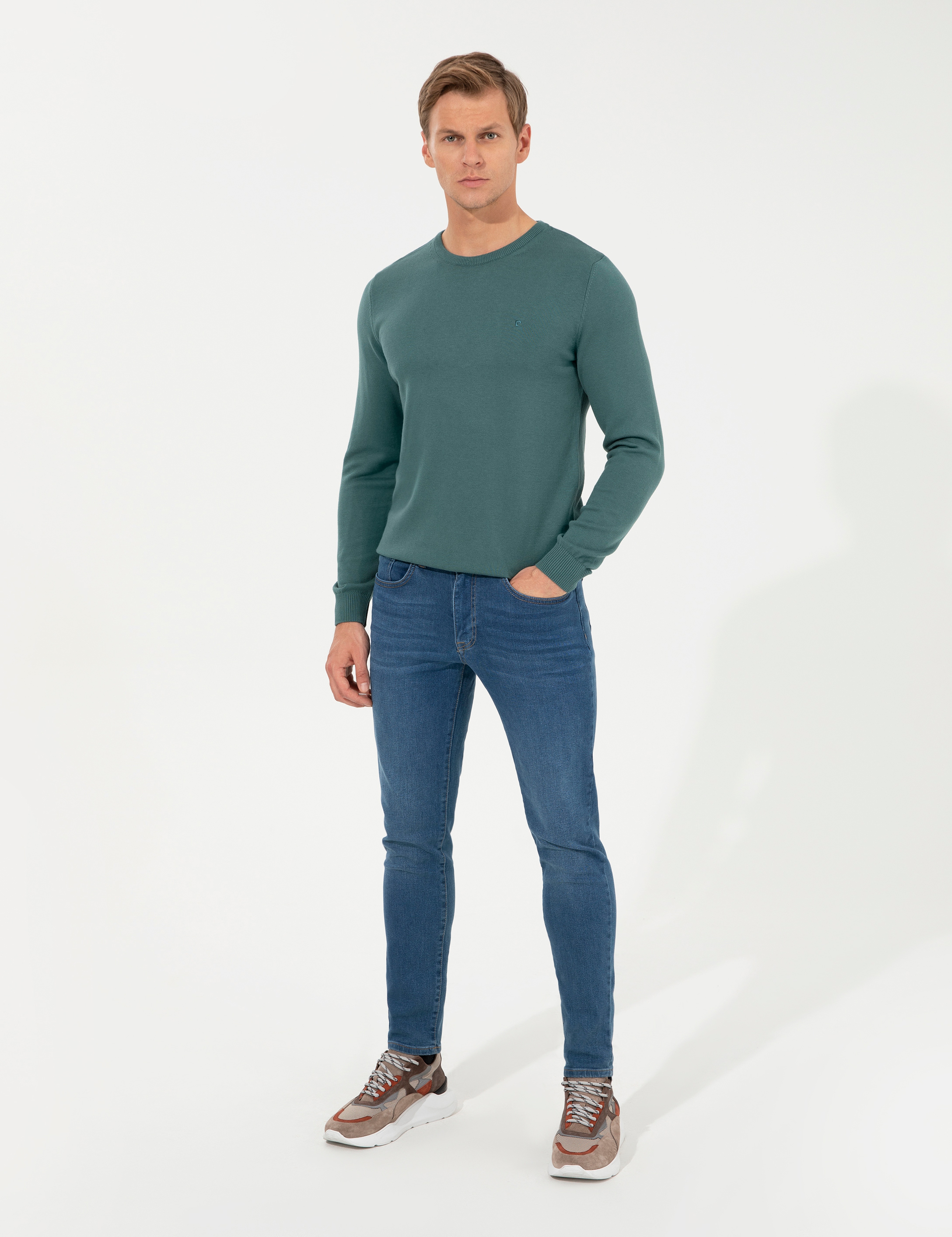 Yeşil Slim Fit Bisiklet Yaka Basic Triko Kazak - Image 4