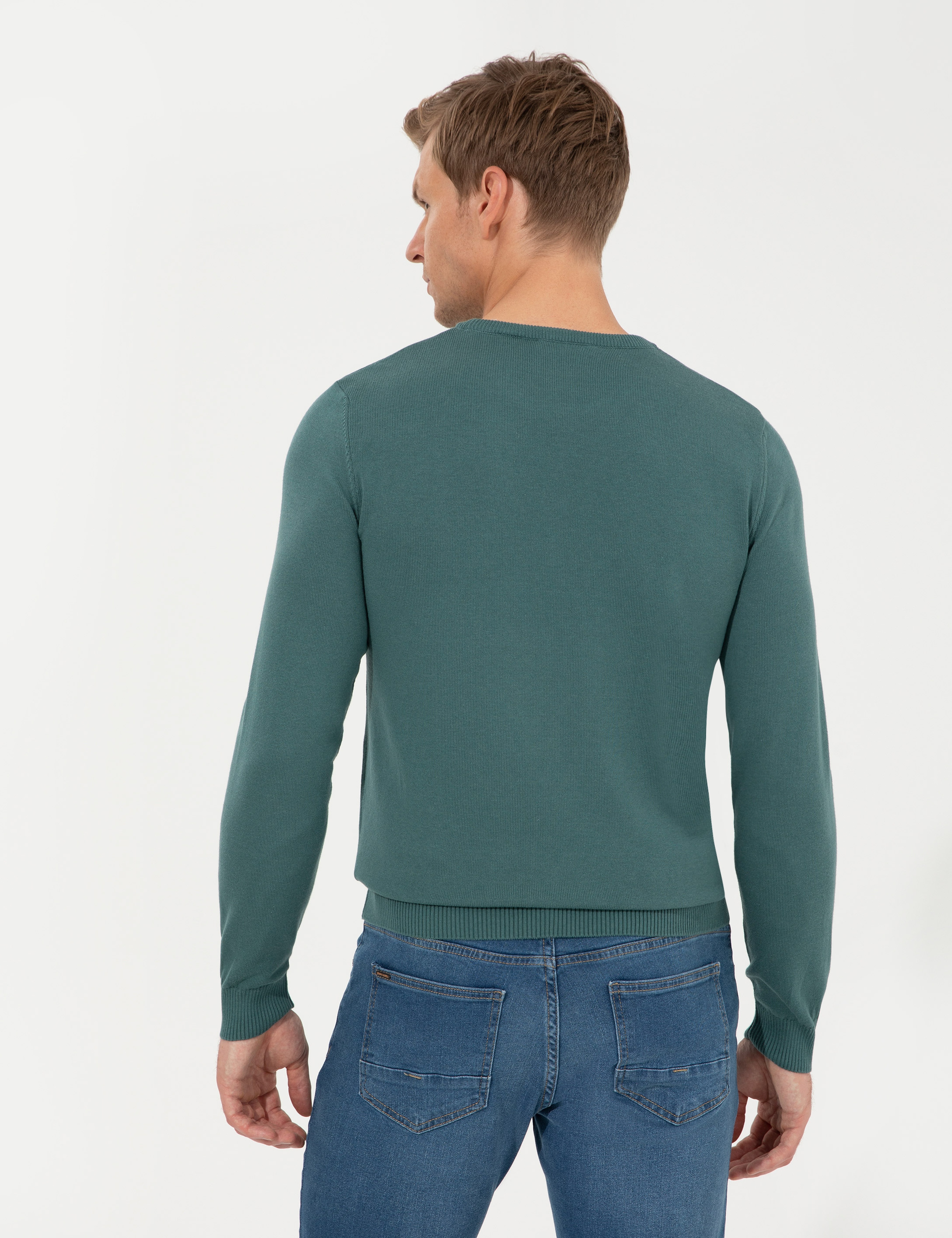 Yeşil Slim Fit Bisiklet Yaka Basic Triko Kazak