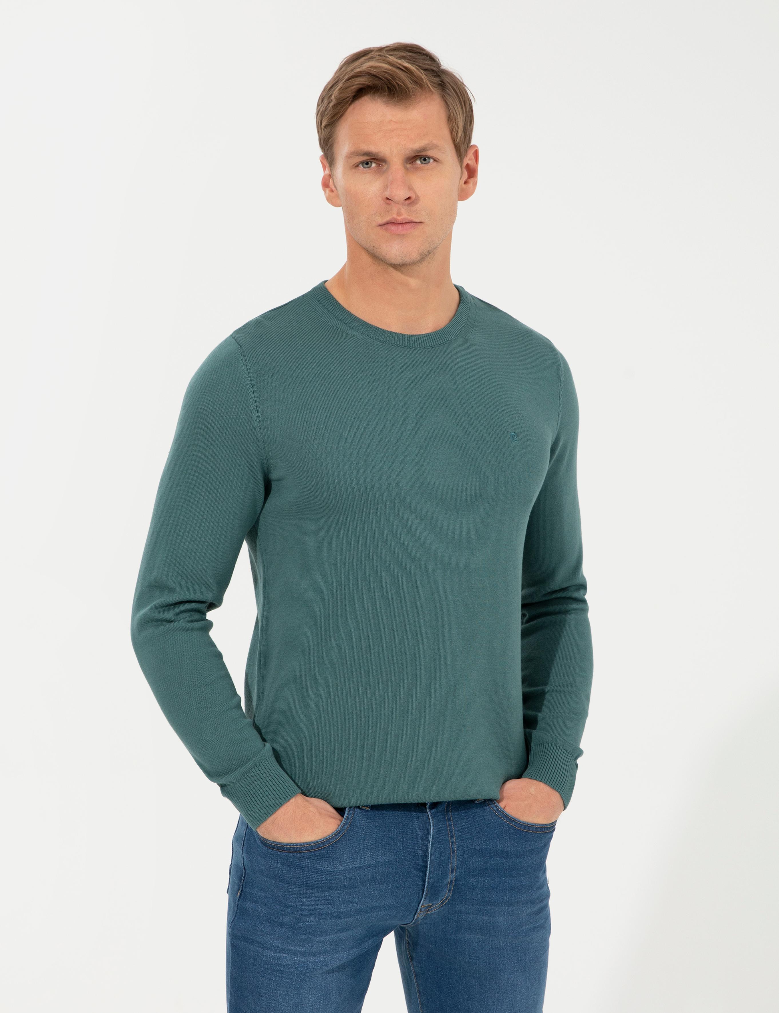 Yeşil Slim Fit Bisiklet Yaka Basic Triko Kazak