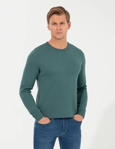 Yeşil Slim Fit Bisiklet Yaka Basic Triko Kazak