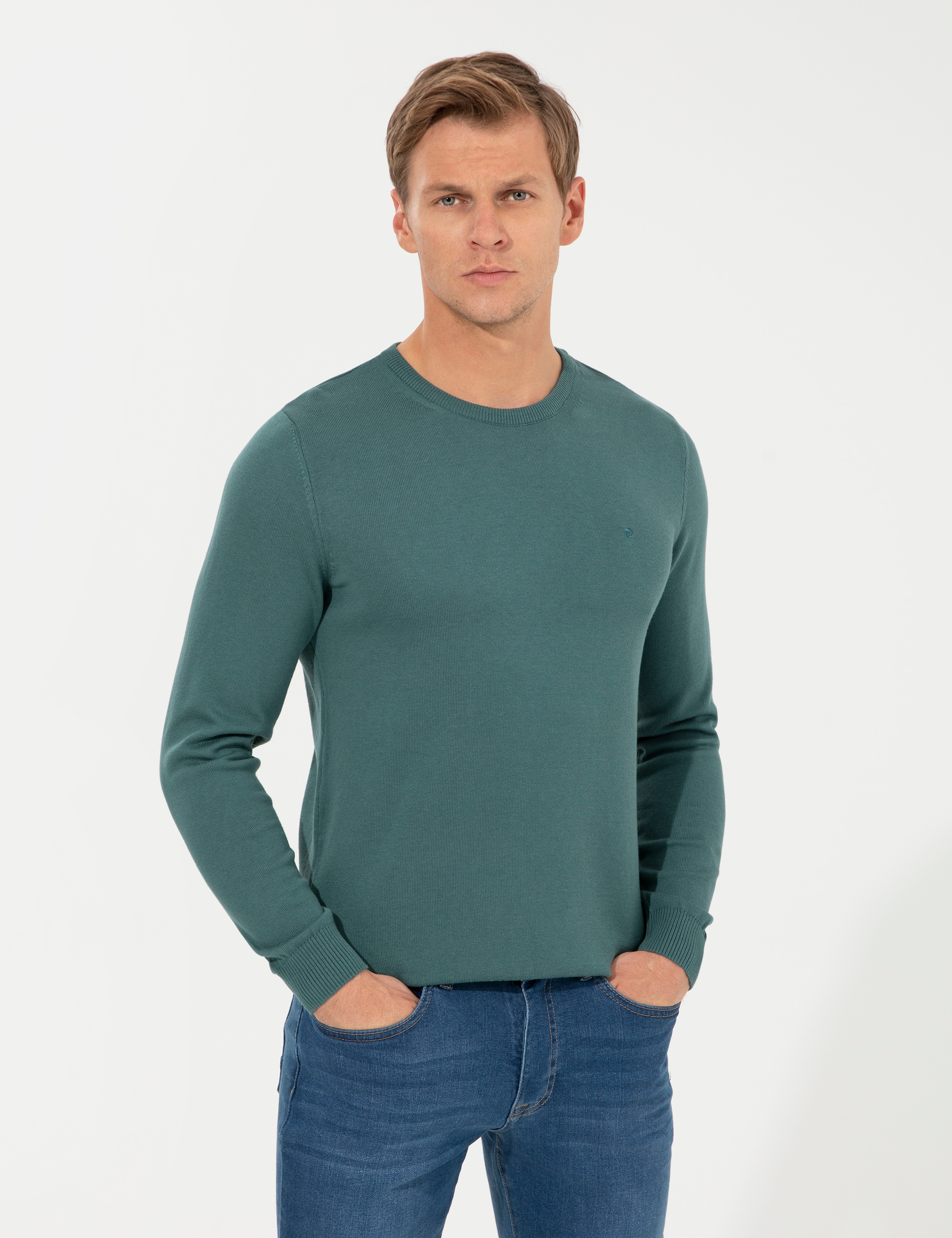 Yeşil Slim Fit Bisiklet Yaka Basic Triko Kazak