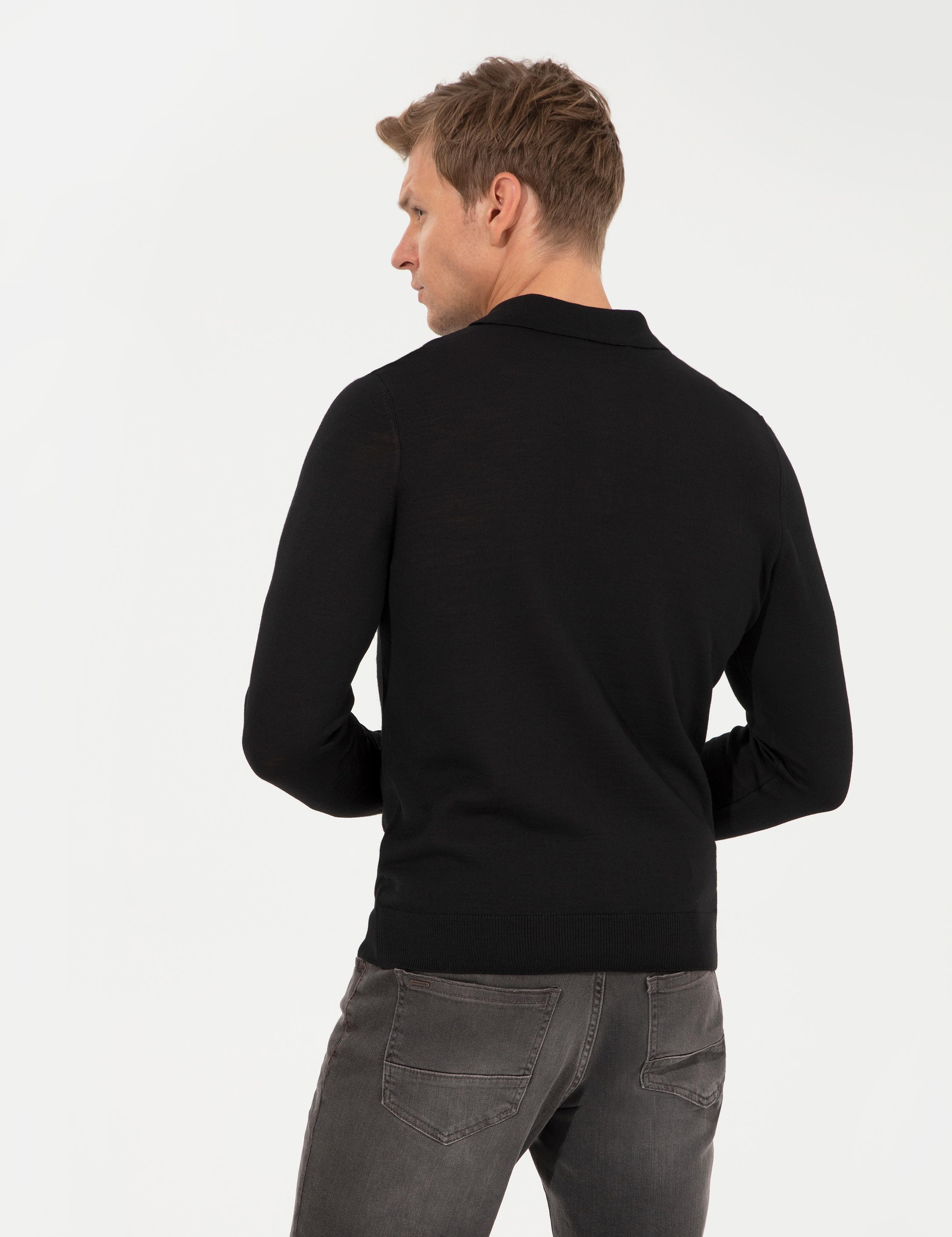 Siyah Regular Fit Polo Yaka Yün Karışımlı Basic Triko Kazak