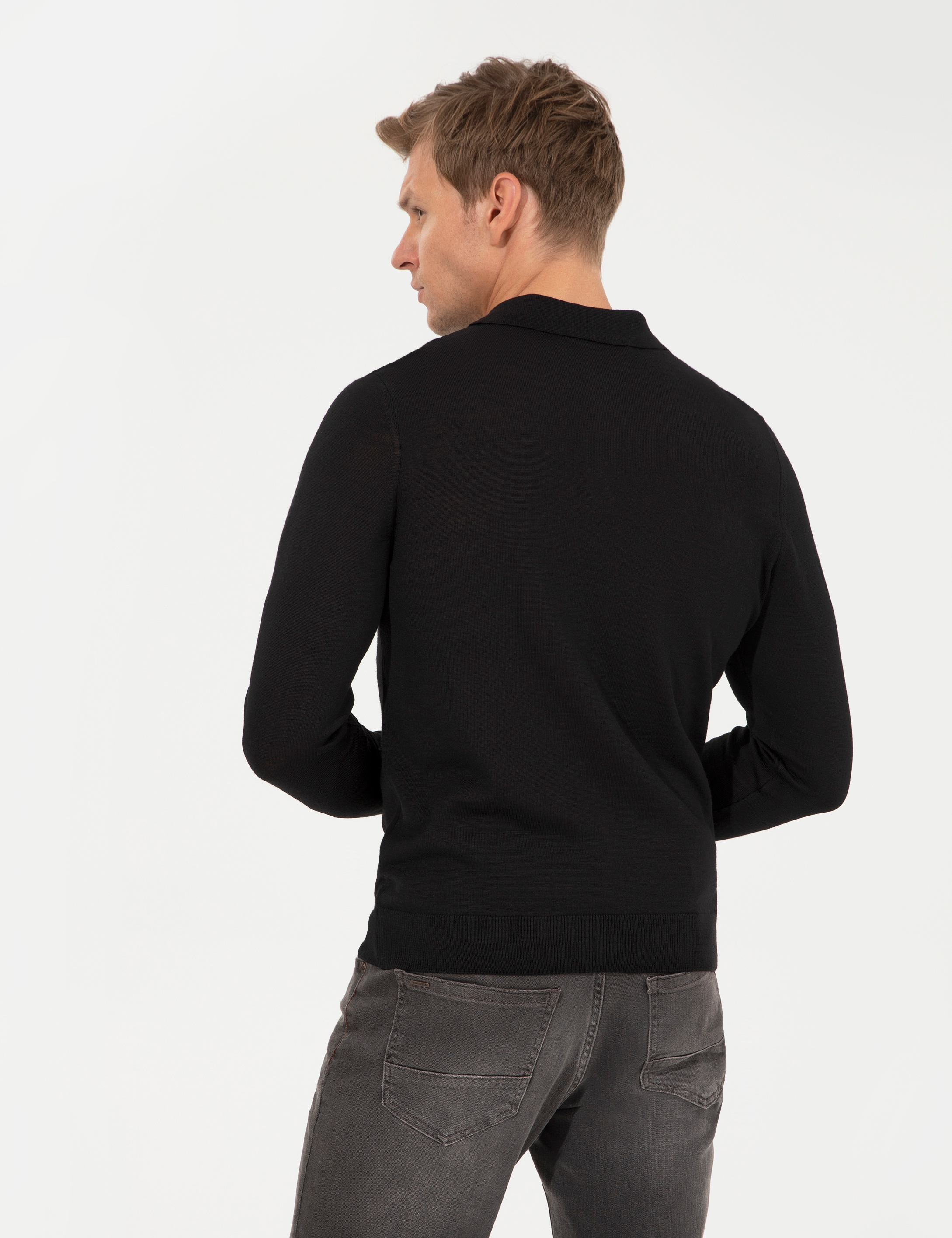 Siyah Regular Fit Polo Yaka Yün Karışımlı Basic Triko Kazak - Image 5