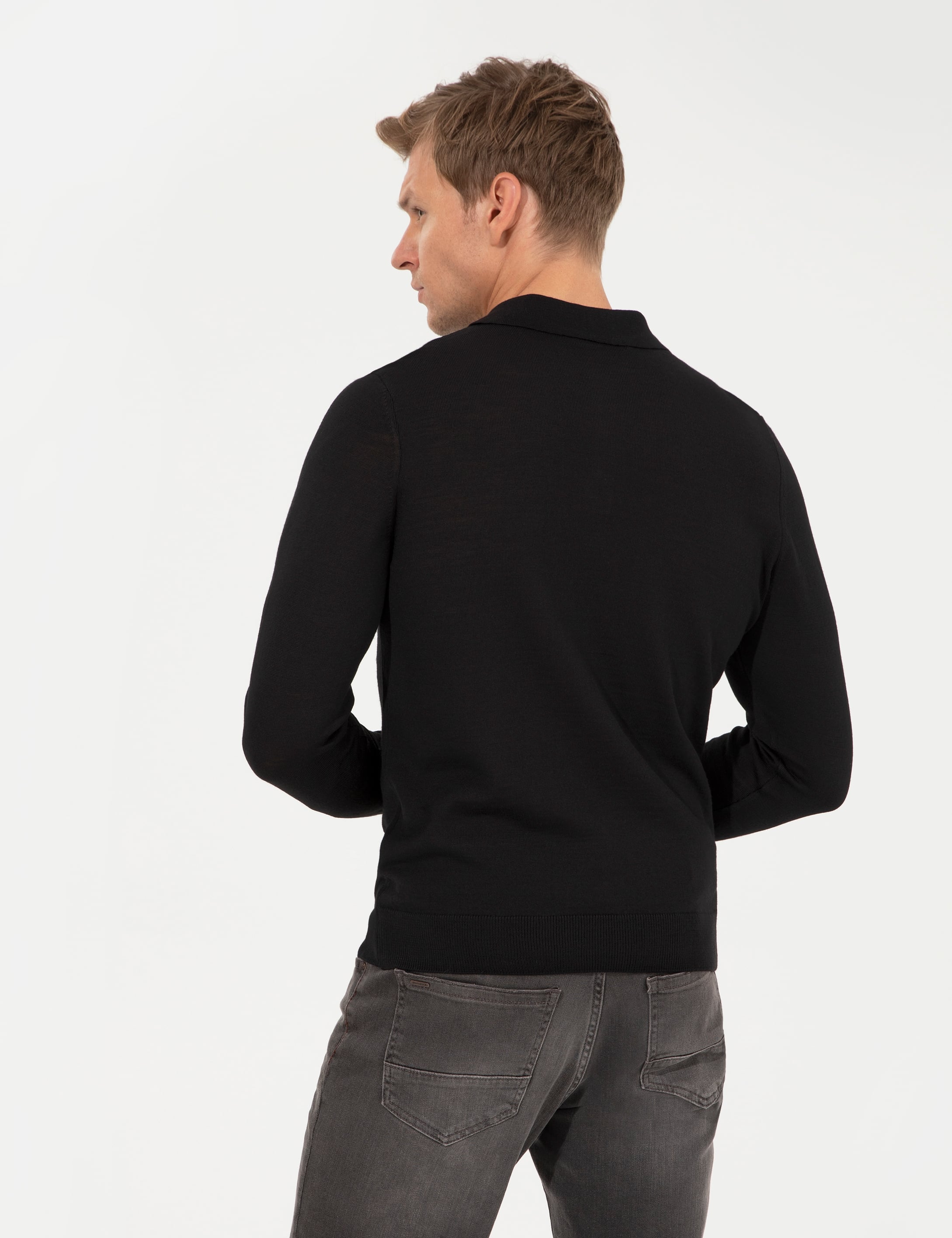 Siyah Regular Fit Polo Yaka Yün Karışımlı Basic Triko Kazak
