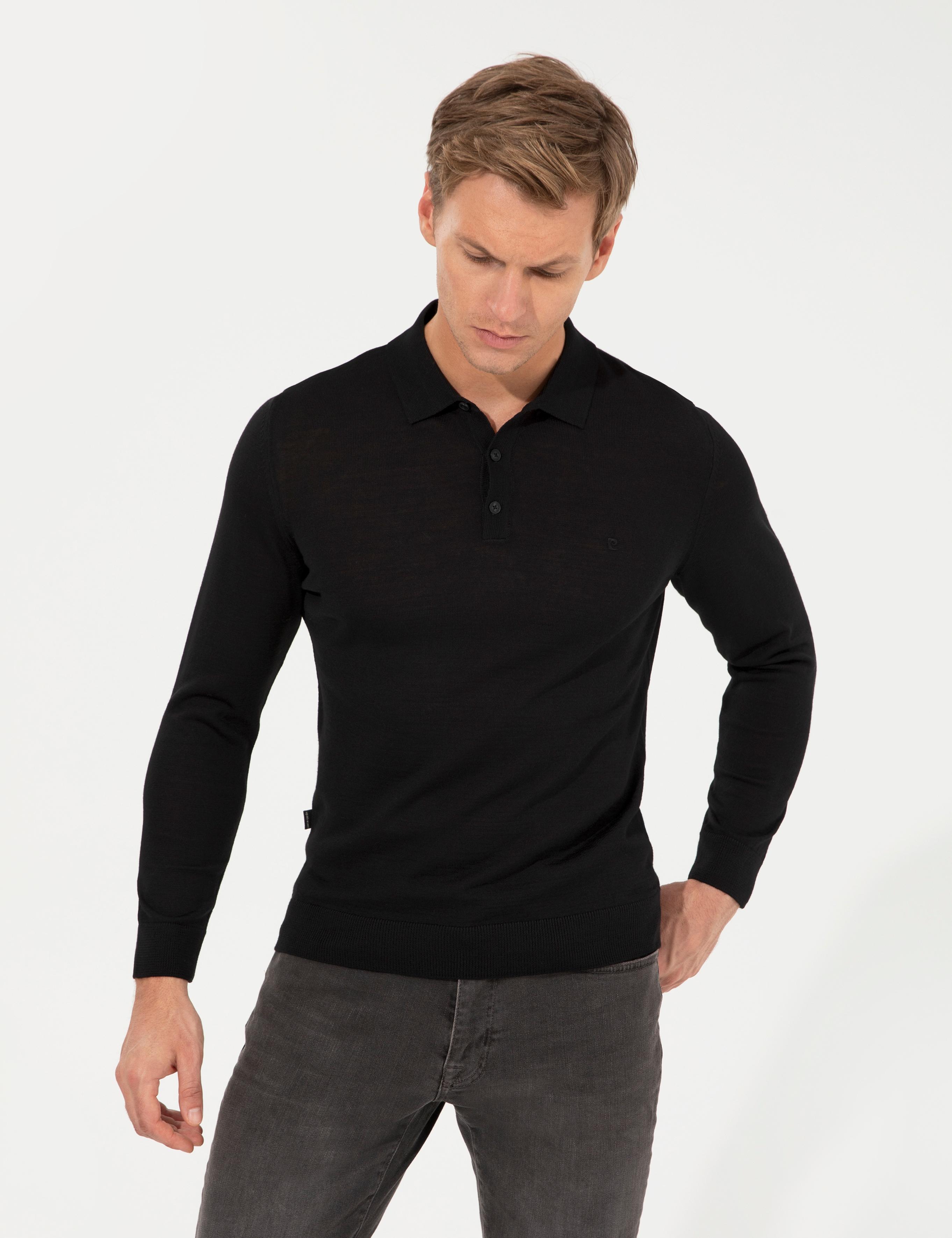 Siyah Regular Fit Polo Yaka Yün Karışımlı Basic Triko Kazak