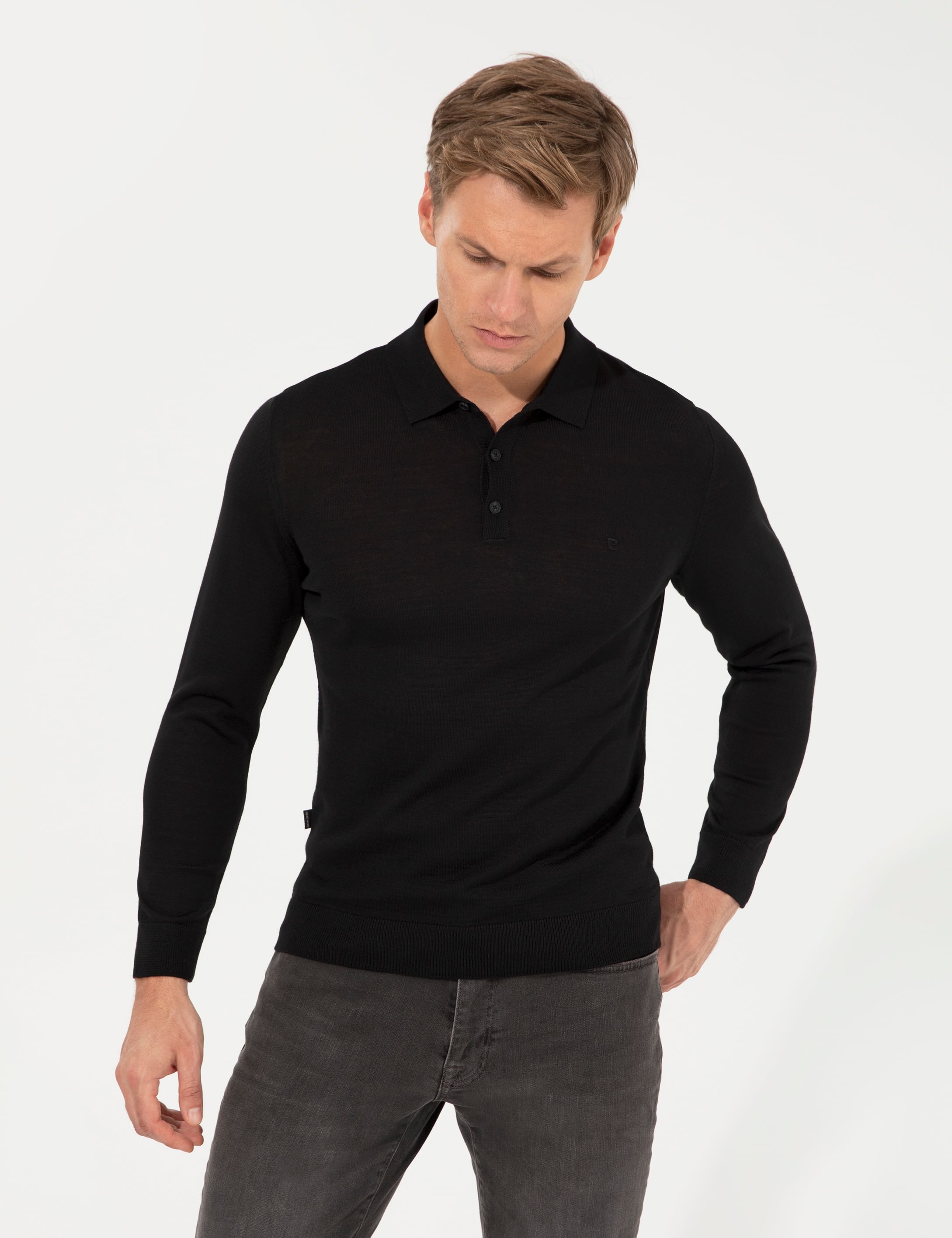 Siyah Regular Fit Polo Yaka Yün Karışımlı Basic Triko Kazak - Image 3