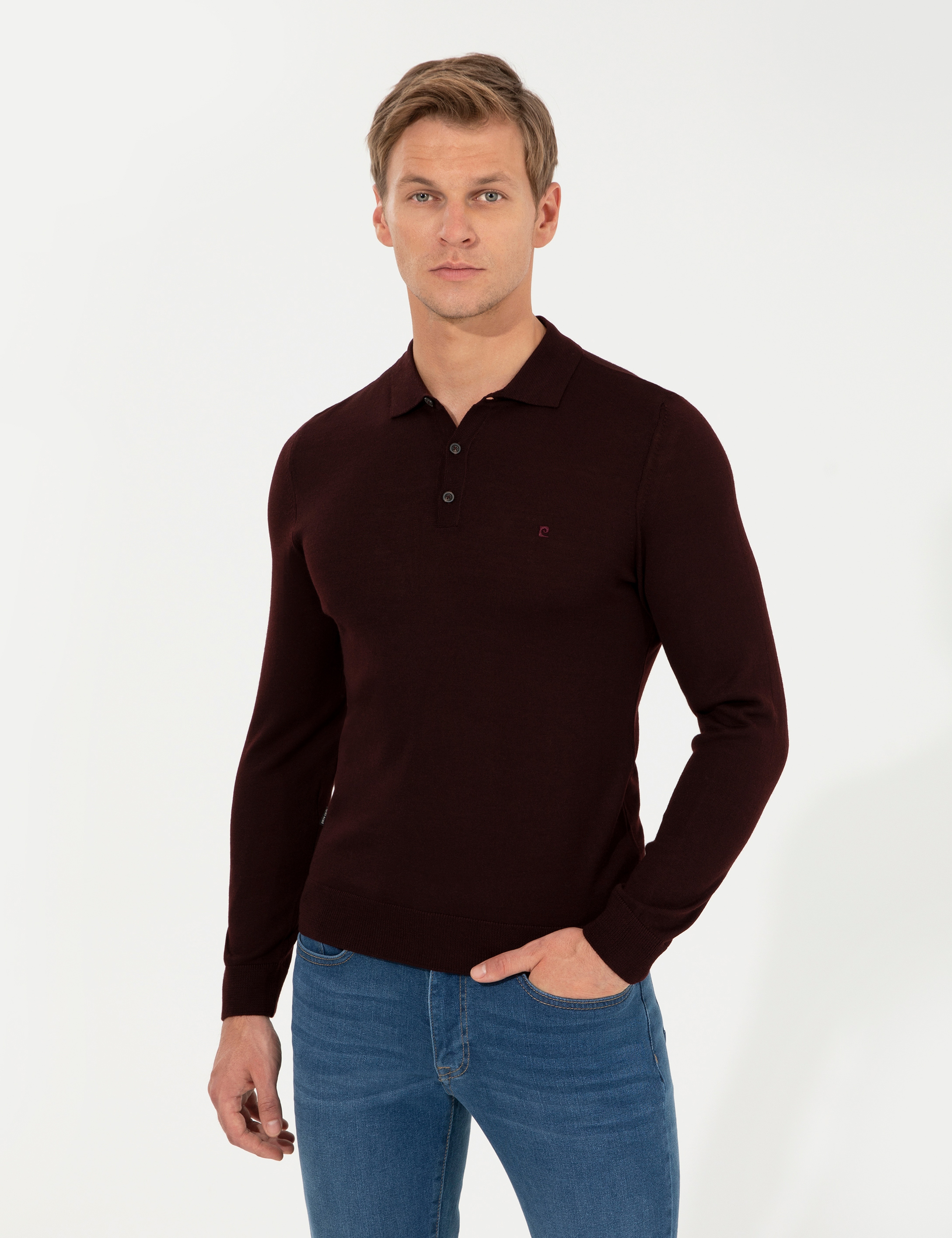 Bordo Regular Fit Polo Yaka Yün Karışımlı Basic Triko Kazak - Image 4