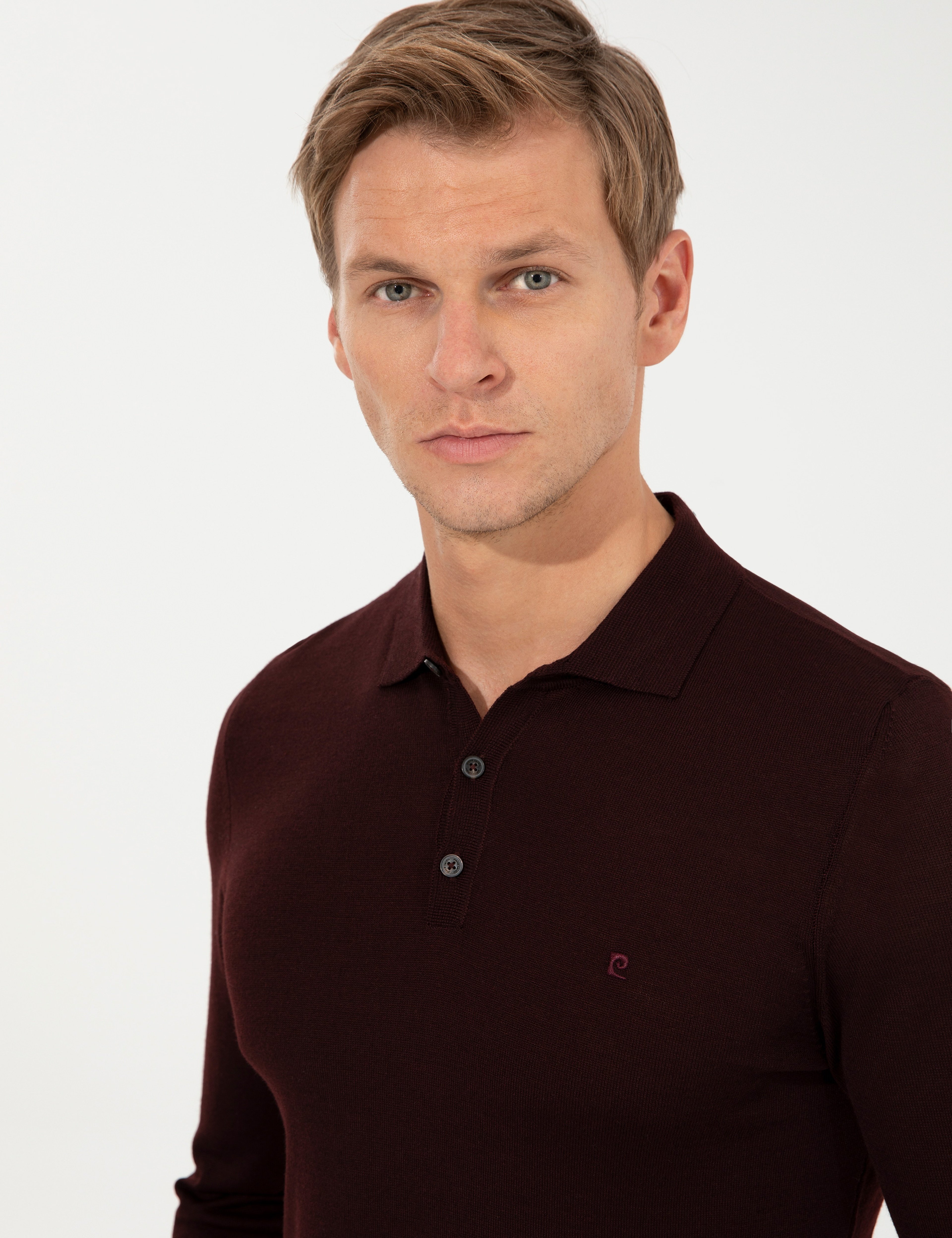 Bordo Regular Fit Polo Yaka Yün Karışımlı Basic Triko Kazak