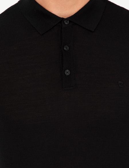 Siyah Regular Fit Polo Yaka Yün Karışımlı Basic Triko Kazak - 50237775003