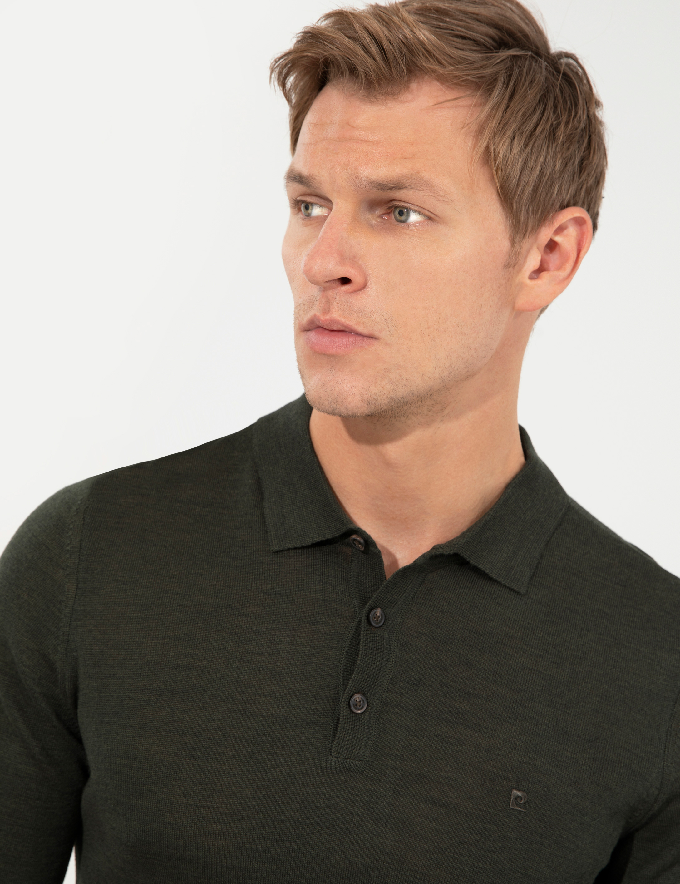 Yeşil Regular Fit Polo Yaka Yün Karışımlı Basic Triko Kazak