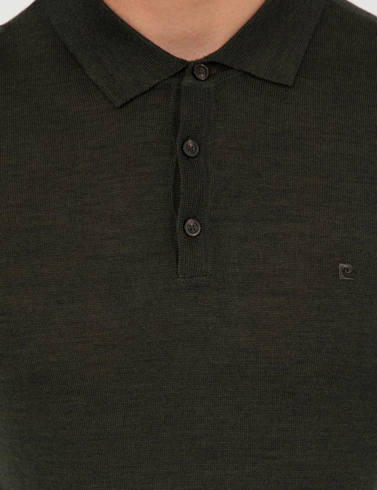 Yeşil Regular Fit Polo Yaka Yün Karışımlı Basic Triko Kazak - 50237775128