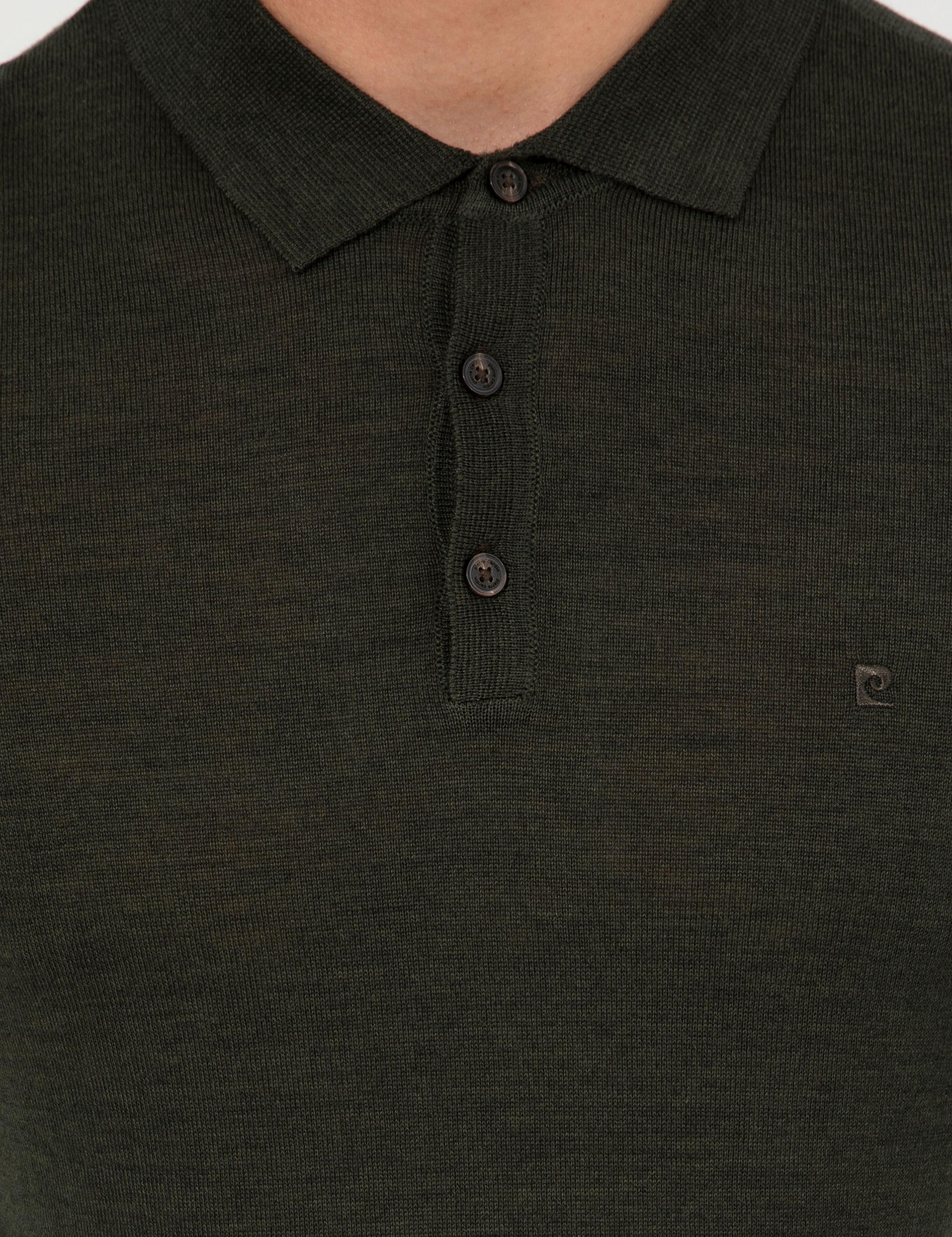 Yeşil Regular Fit Polo Yaka Yün Karışımlı Basic Triko Kazak